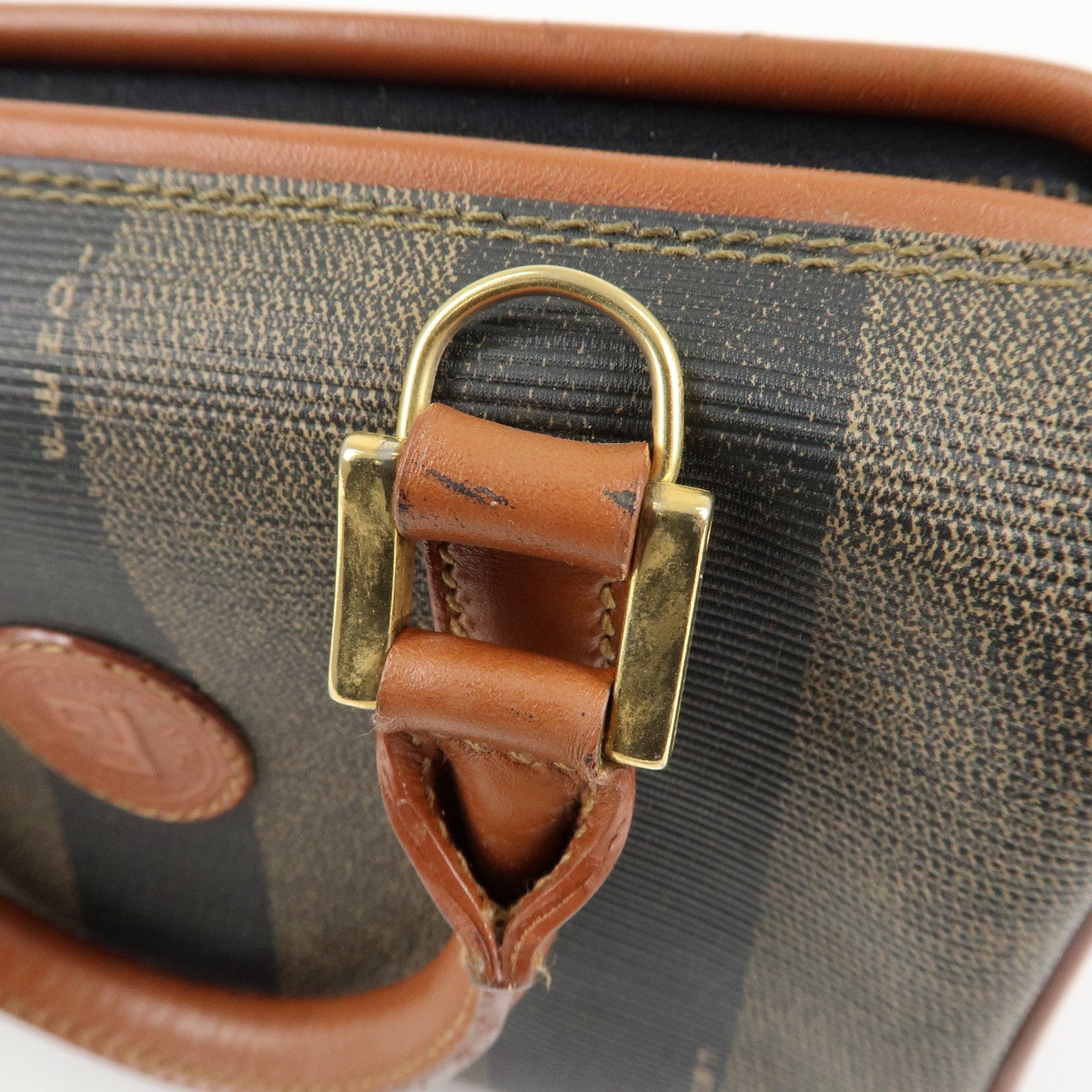 FENDI Pequin PVC Leather Mini Boston Bag Khaki Brown Black Used