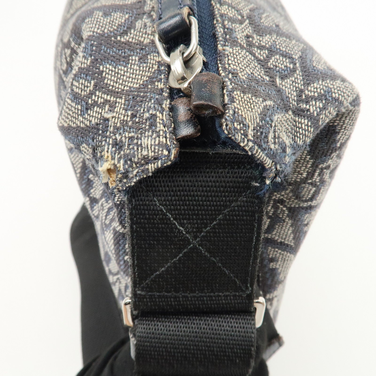 Christian Dior Trotter Canvas Leather Shoulder Bag  Navy White Used