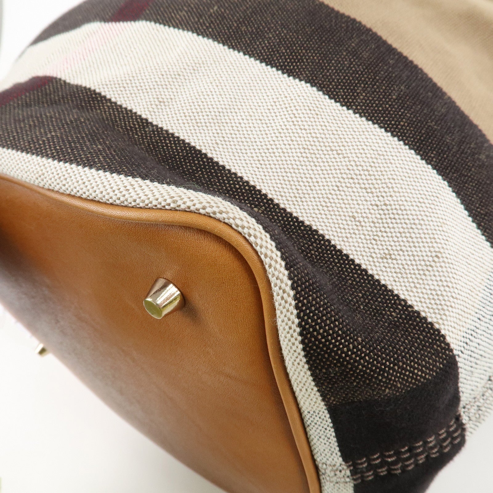 BURBERRY Canvas Leather Ashby Medium Plaid Bucket Bag Beige Brown Used