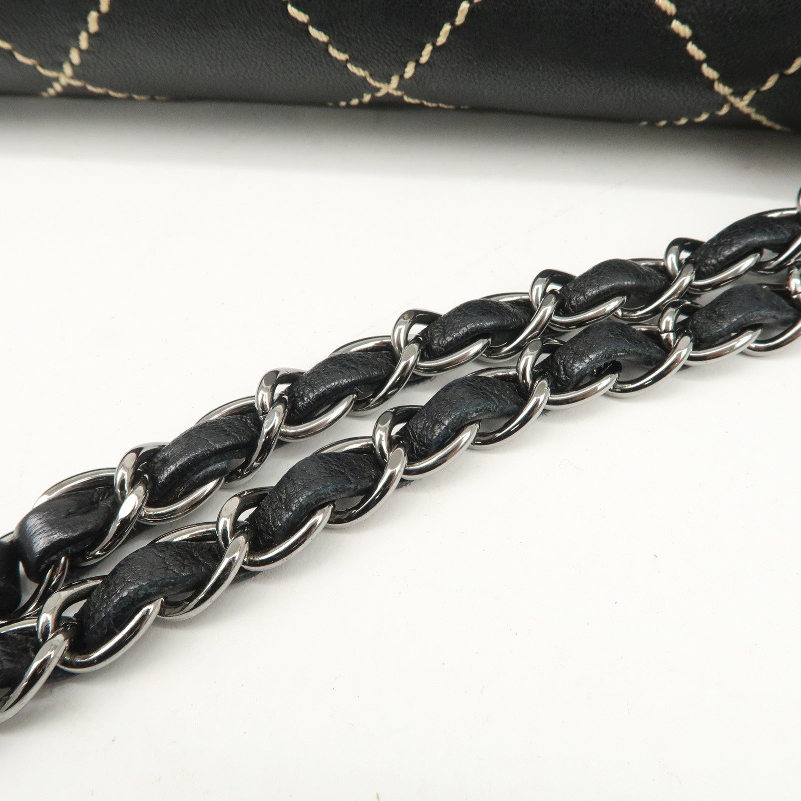 CHANEL COCO Mark Wild Stitch Lamb Skin Chain Shoulder Bag Black Used