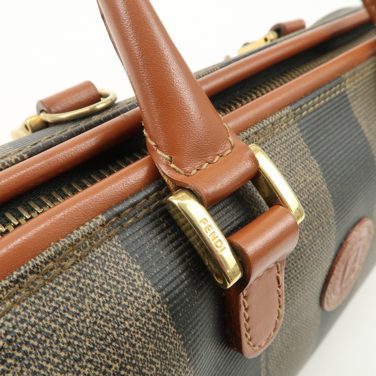 FENDI Pequin PVC Leather 2Way Mini Boston Bag Brown Black Used