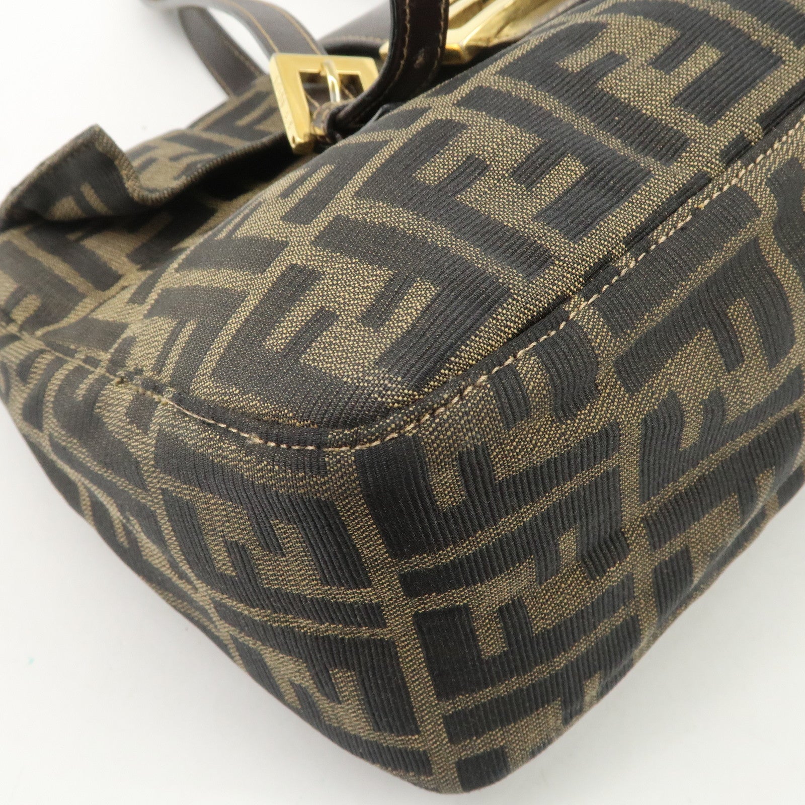 FENDI Zucca Canvas Leather Hand Bag Brown Black Gold Hardware Used