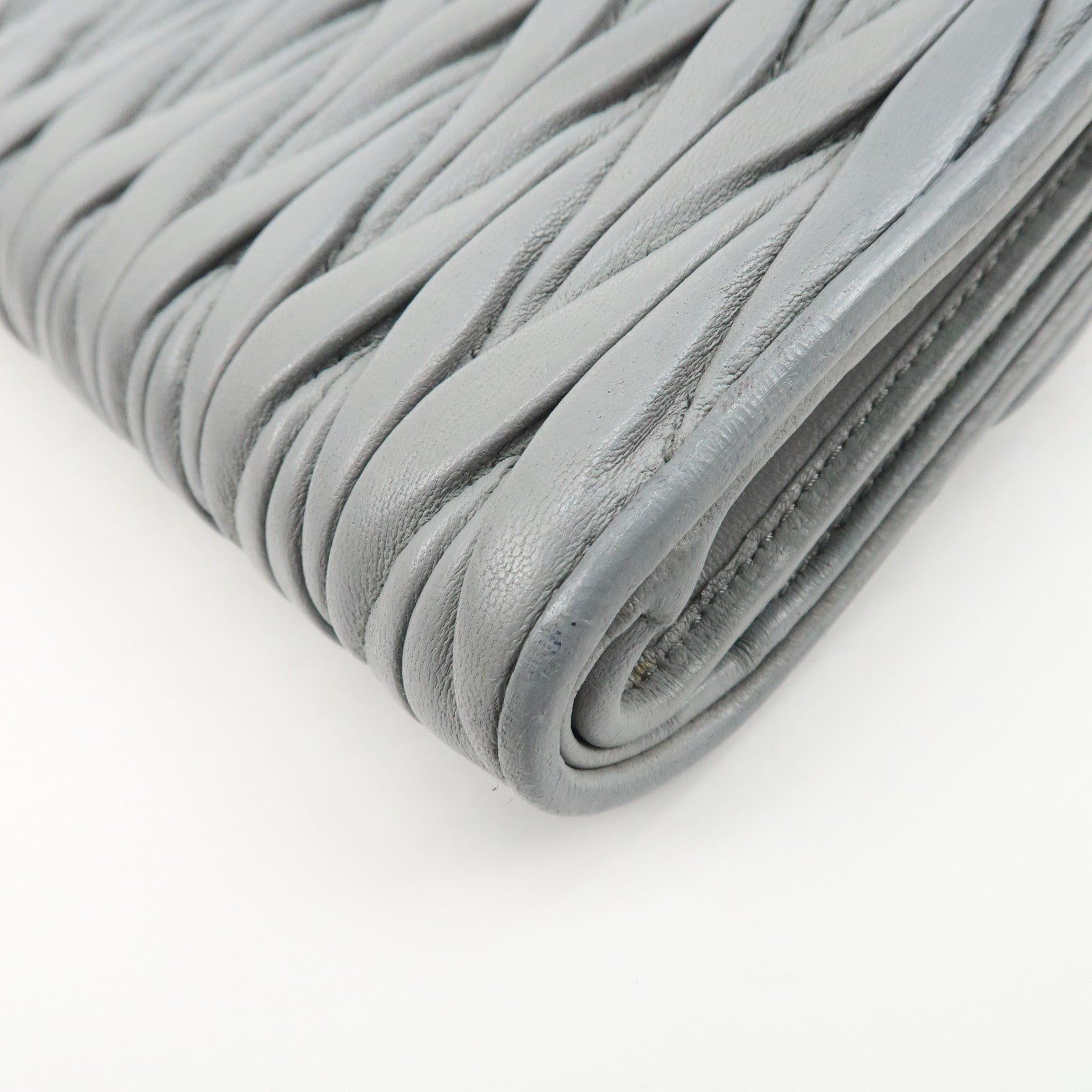 MIU MIU Matelasse Leather Bijoux Studs Tri-fold Wallet Gray Used