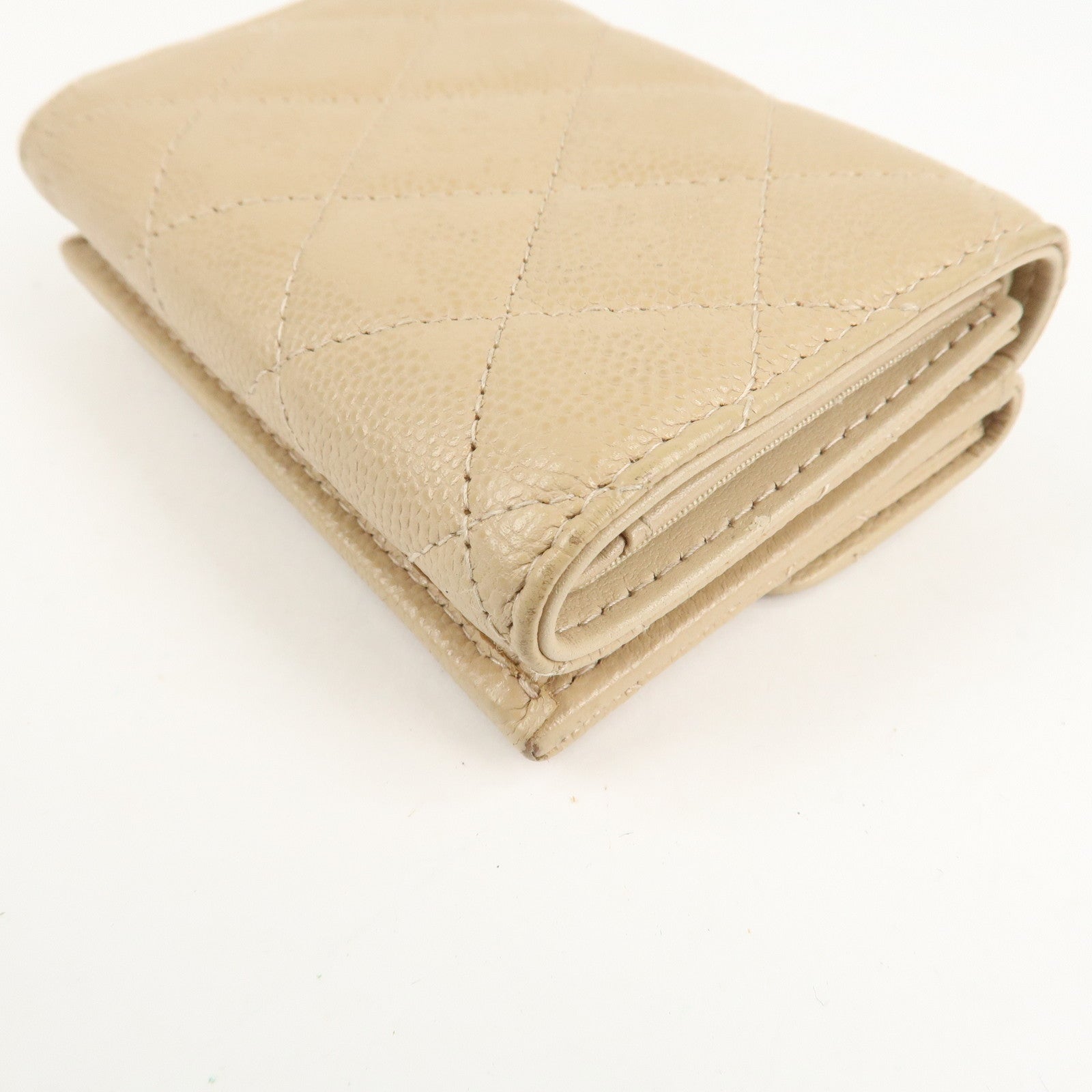 CHANEL Matelasse Cavier Skin Compact Wallet Beige Silver HDW Used