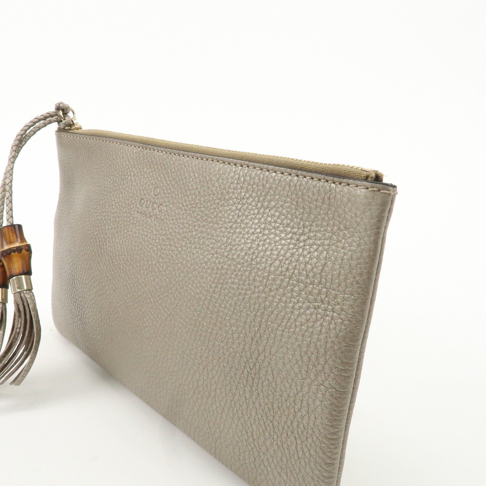 GUCCI Bamboo Leather Tassel Pouch Champaigne Beige 376854 Used