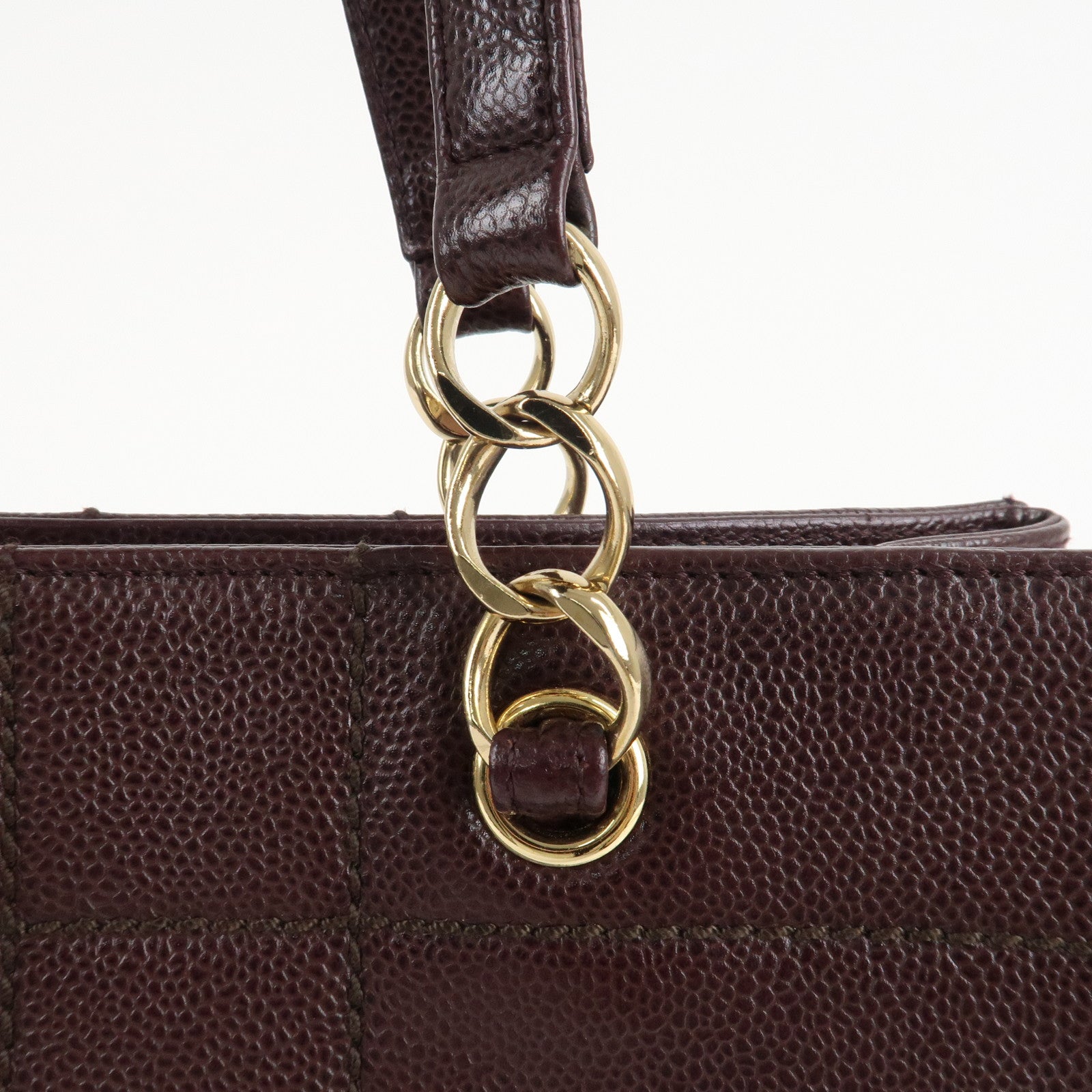 CHANEL Chocolate Bar Caviar Skin Chain Shoulder Bag Wine Gold Used