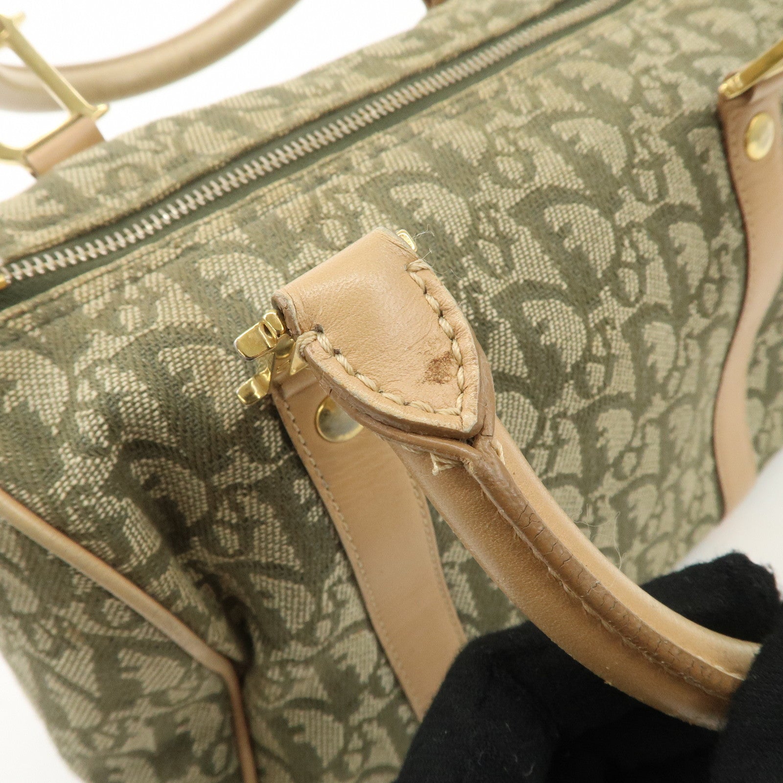 Christian Dior Trotter Canvas Leather Boston Bag White Khaki Used