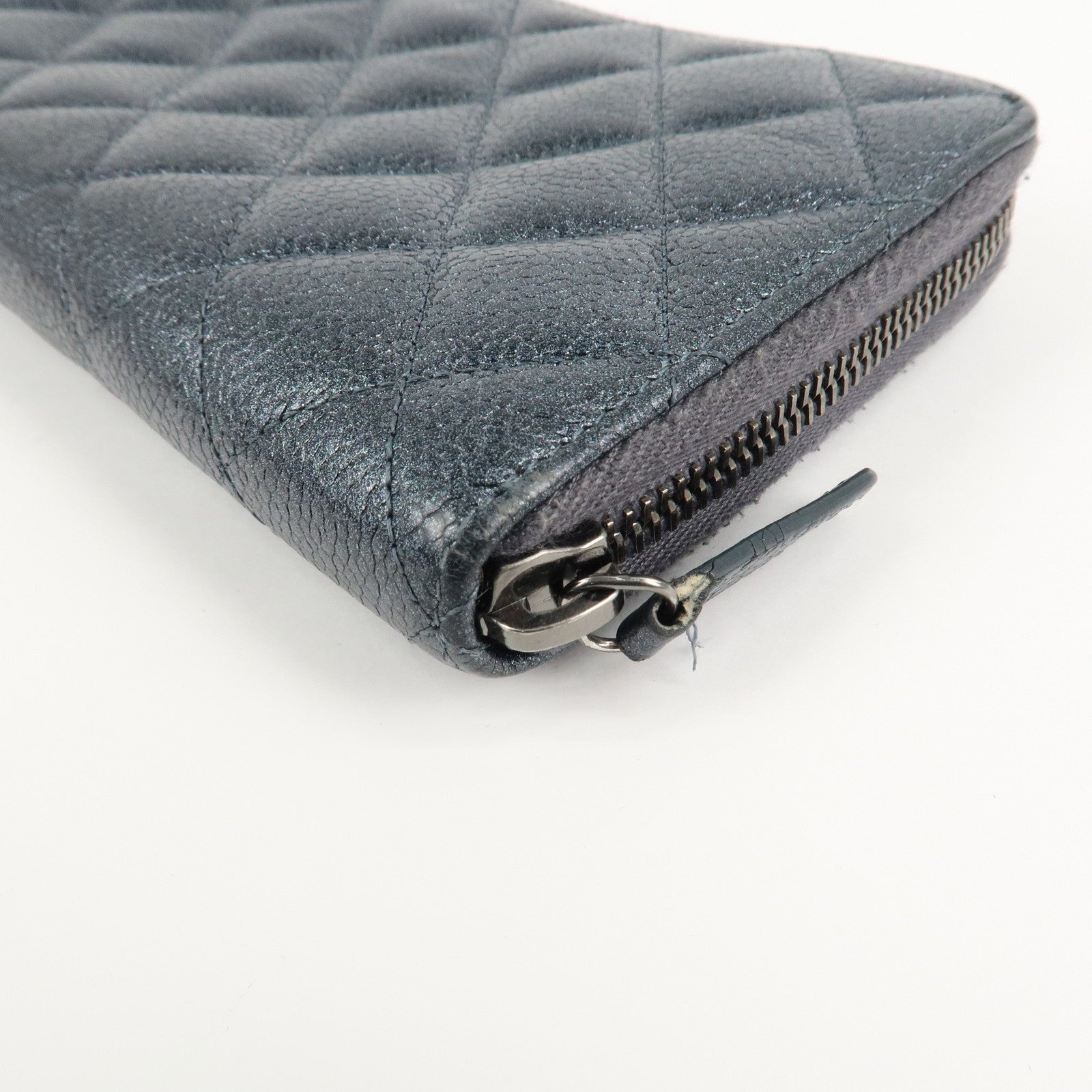 CHANEL Matelasse Caviar Skin Zip Around Long Wallet Metal Blue Used