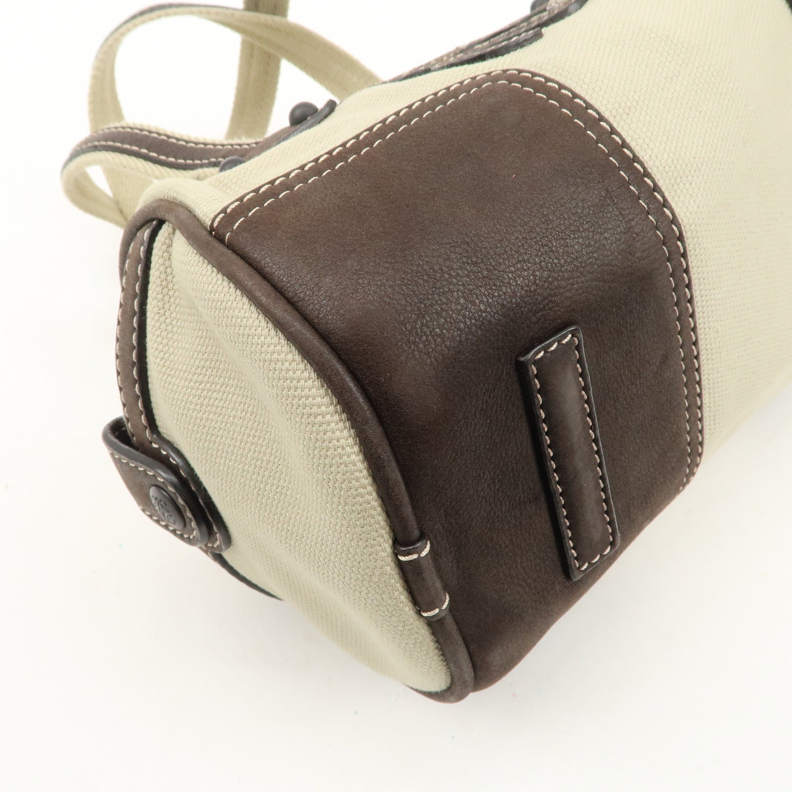 LOEWE Anagram Canvas Leather Mini Boston Bag Ivory Dark Brown Used