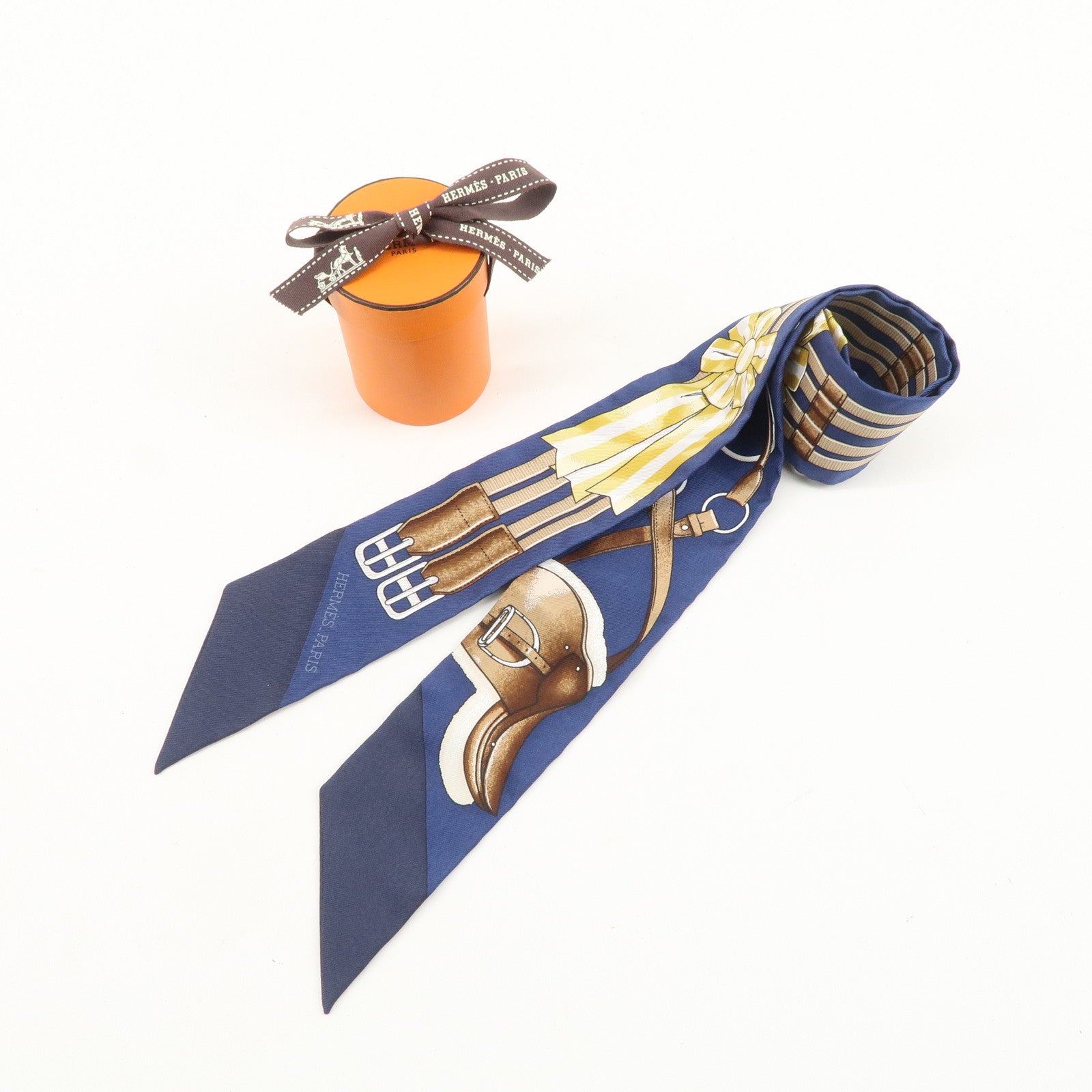 HERMES 100% Silk Twilly Scarf Jumping Navy Yellow Brown Used