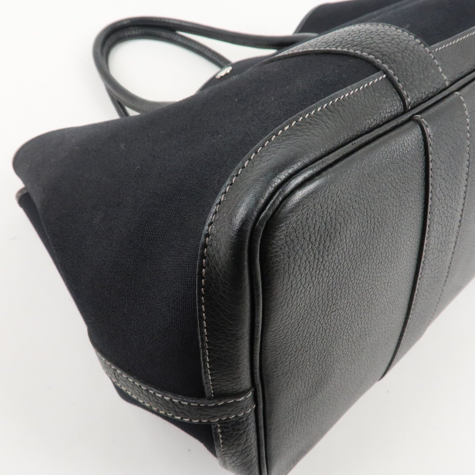 HERMES Garden Party PM G Stamped Canvas Leather Tote Bag Black Used