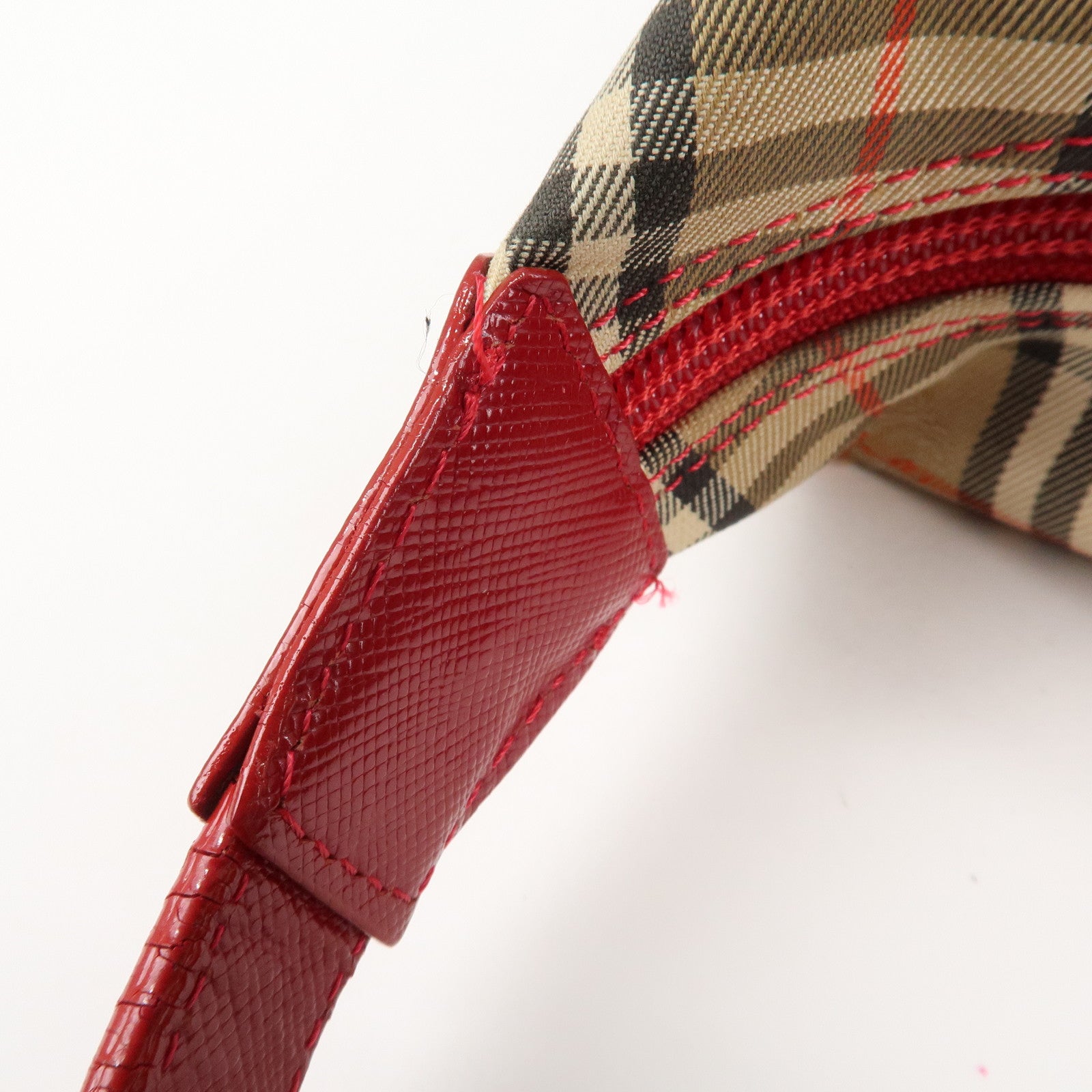 BURBERRY Nova Plaid Canvas Leather Shoulder Bag Hand Bag Red Used