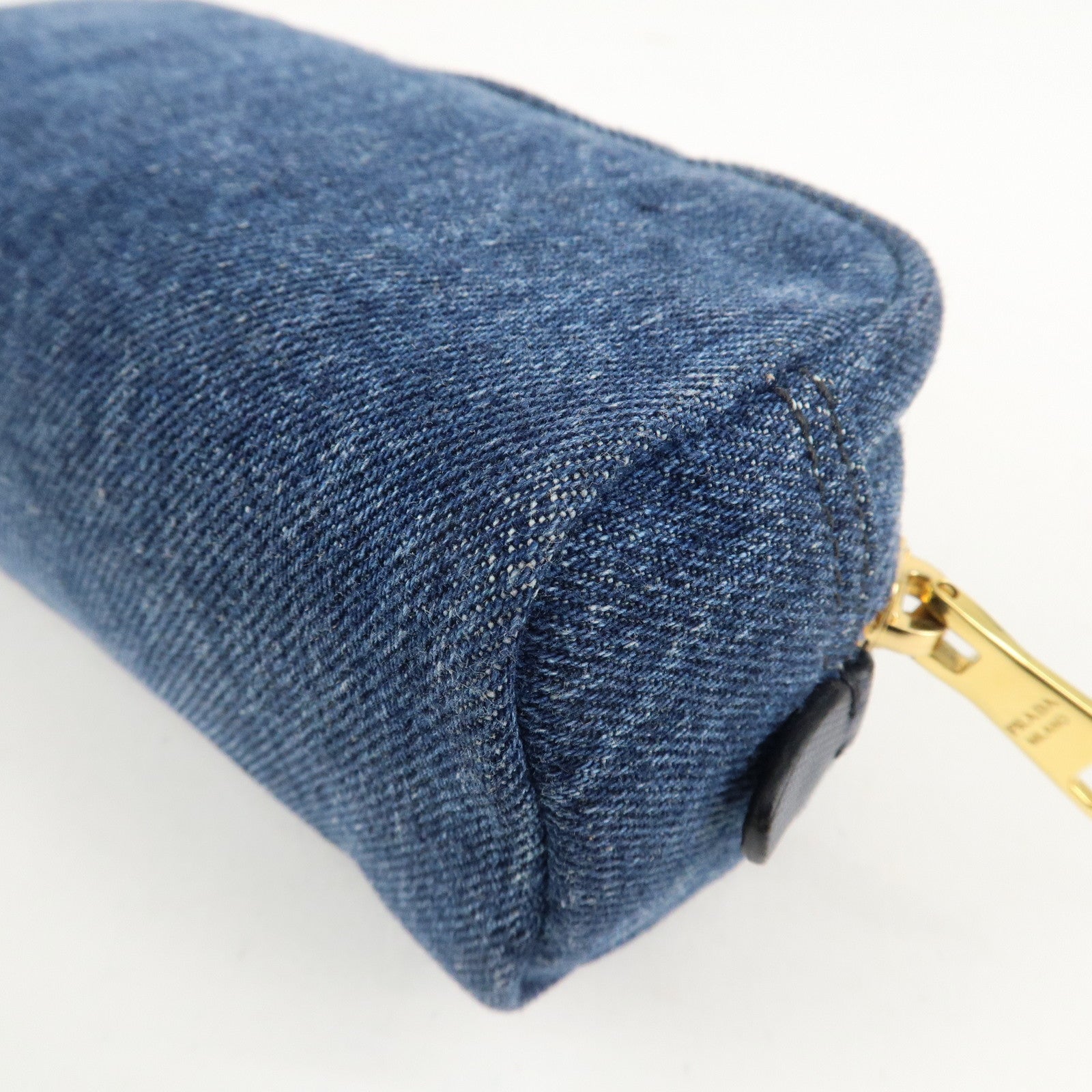 PRADA Triangle Logo Denim Pouch Cosmetic Pouch Blue Used