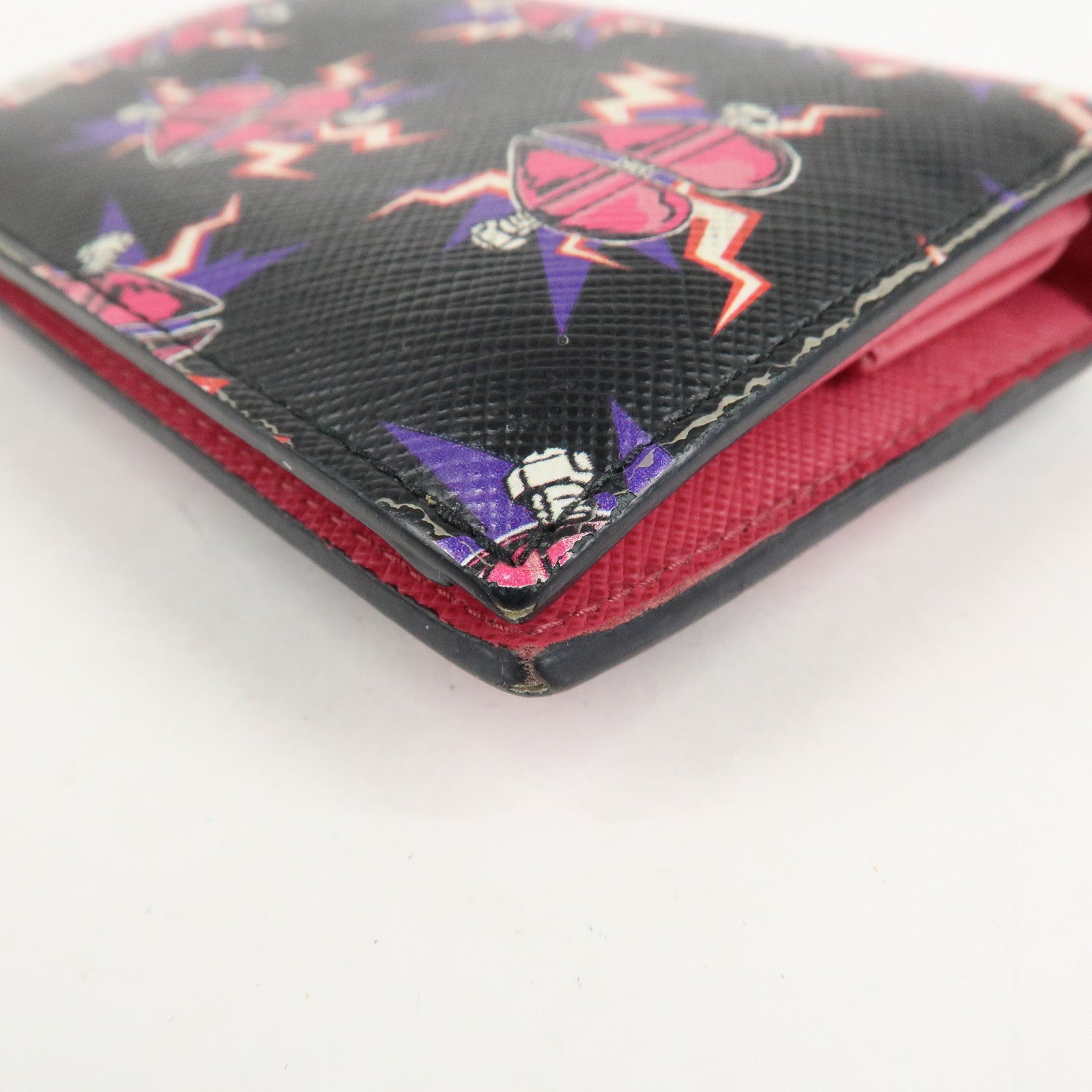 PRADA Logo Saffiano Leather Heart Print Bi-fold Wallet 1MV204 Used