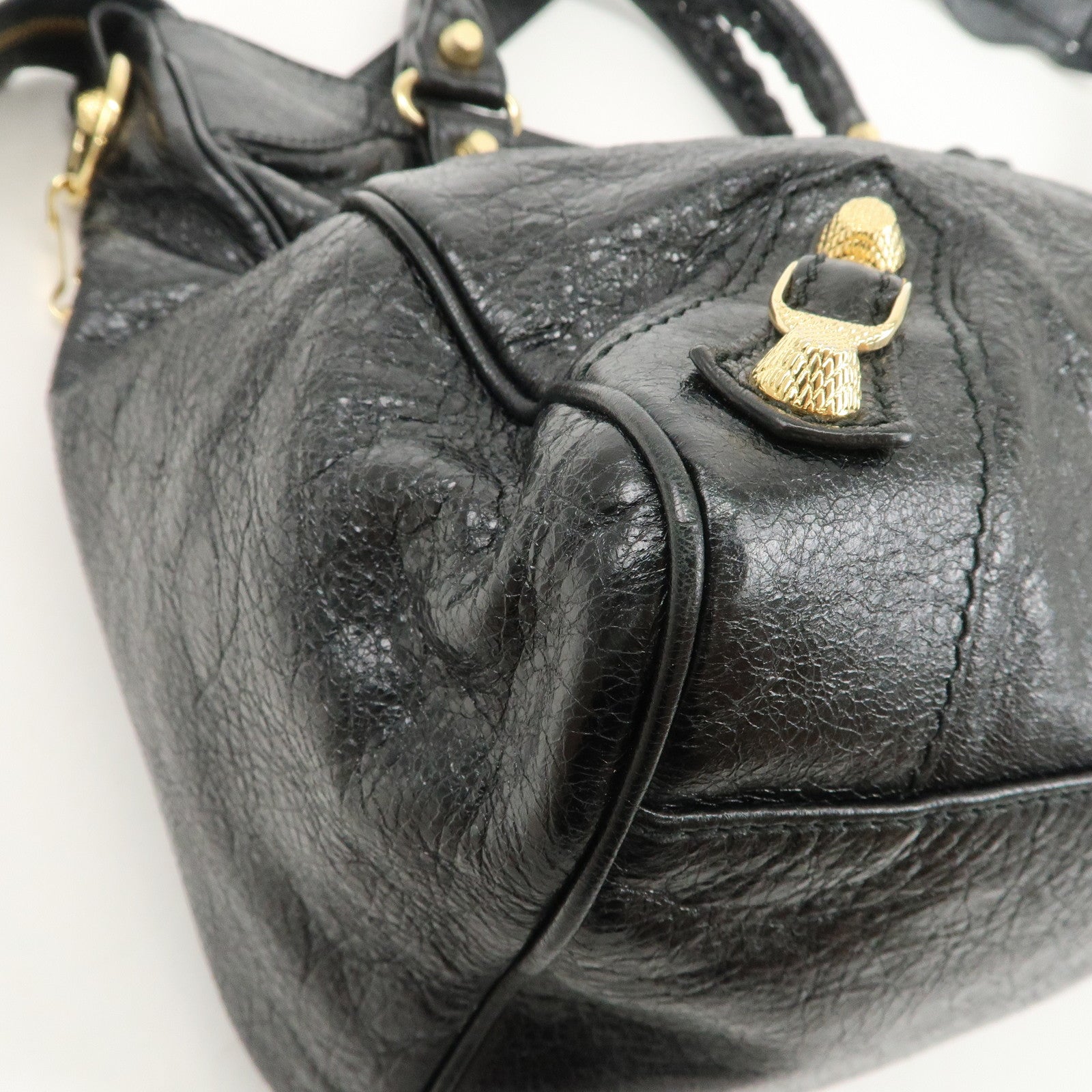 BALENCIAGA Leather The Giant Velo Hand Bag Black 28201 Used