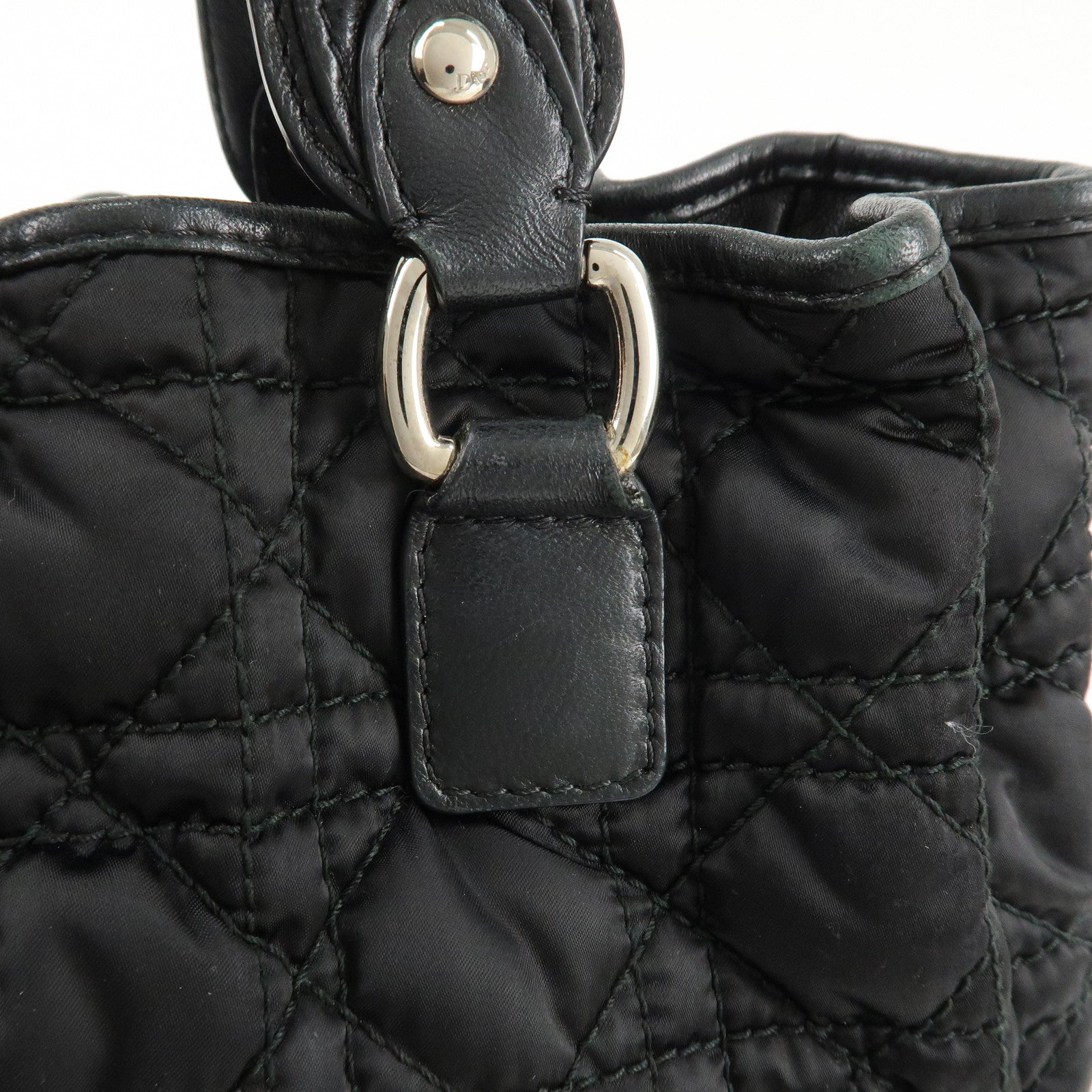 Christian Dior Cannage Nylon Leather Tote Bag Hand Bag Black Used