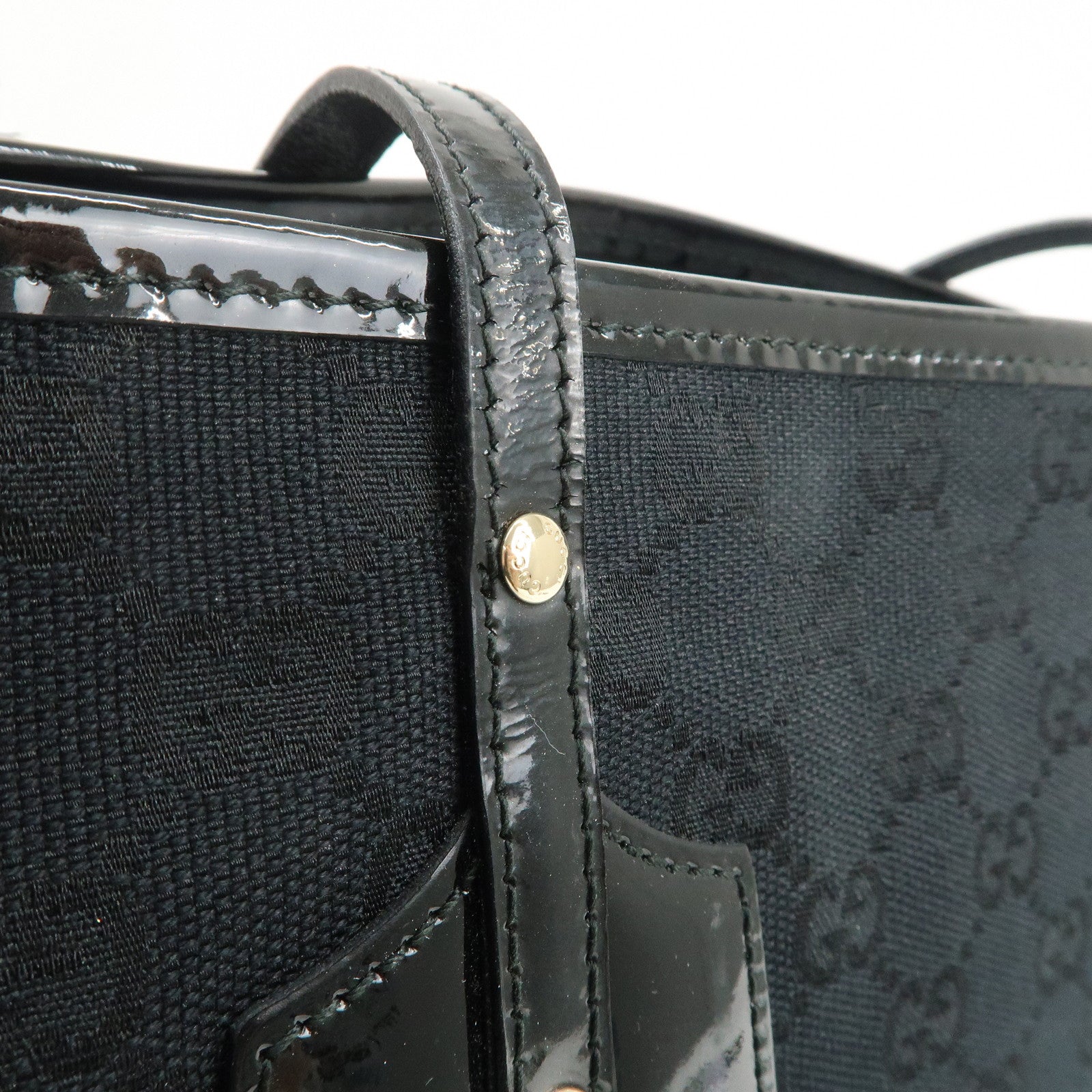 GUCCI GG Canvas Patent Leather Tote Bag Hand Bag Black 211976 Used