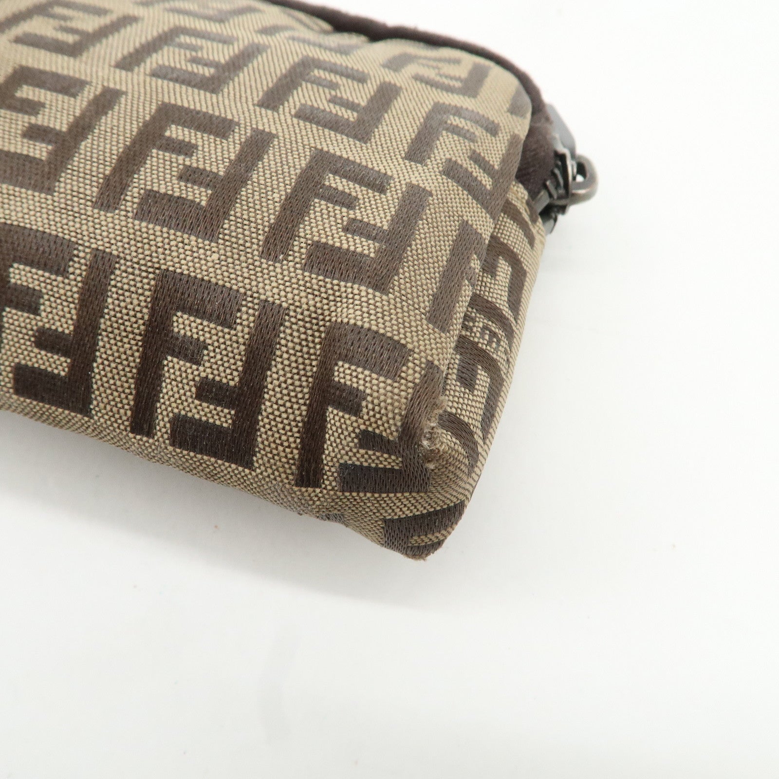 FENDI Zucchino Canvas Mini Pouch Beige Dark Brown 7N0003 Used