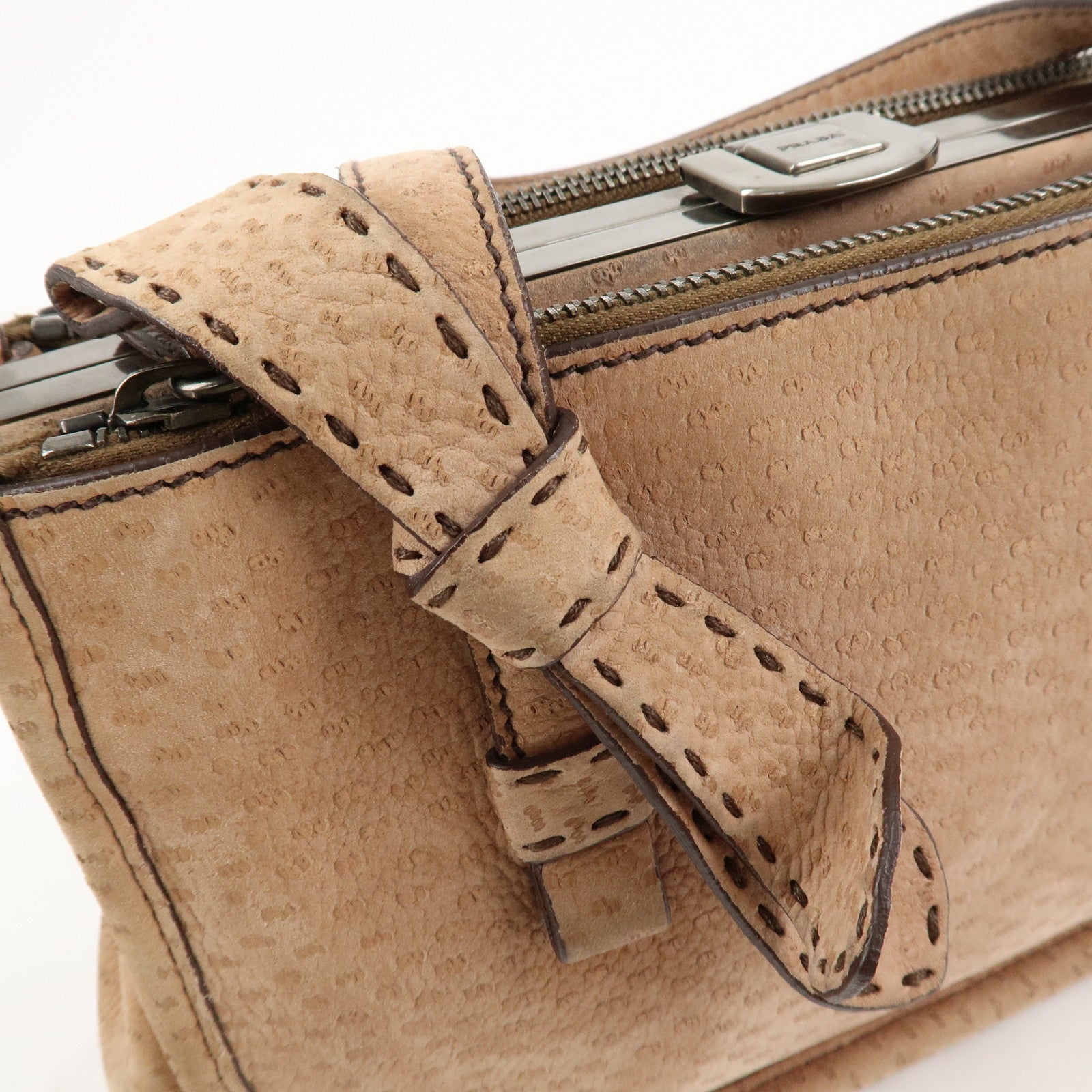 PRADA Logo Suede Clasp Tote Bag Hand Bag Beige BR1935 F/S Used