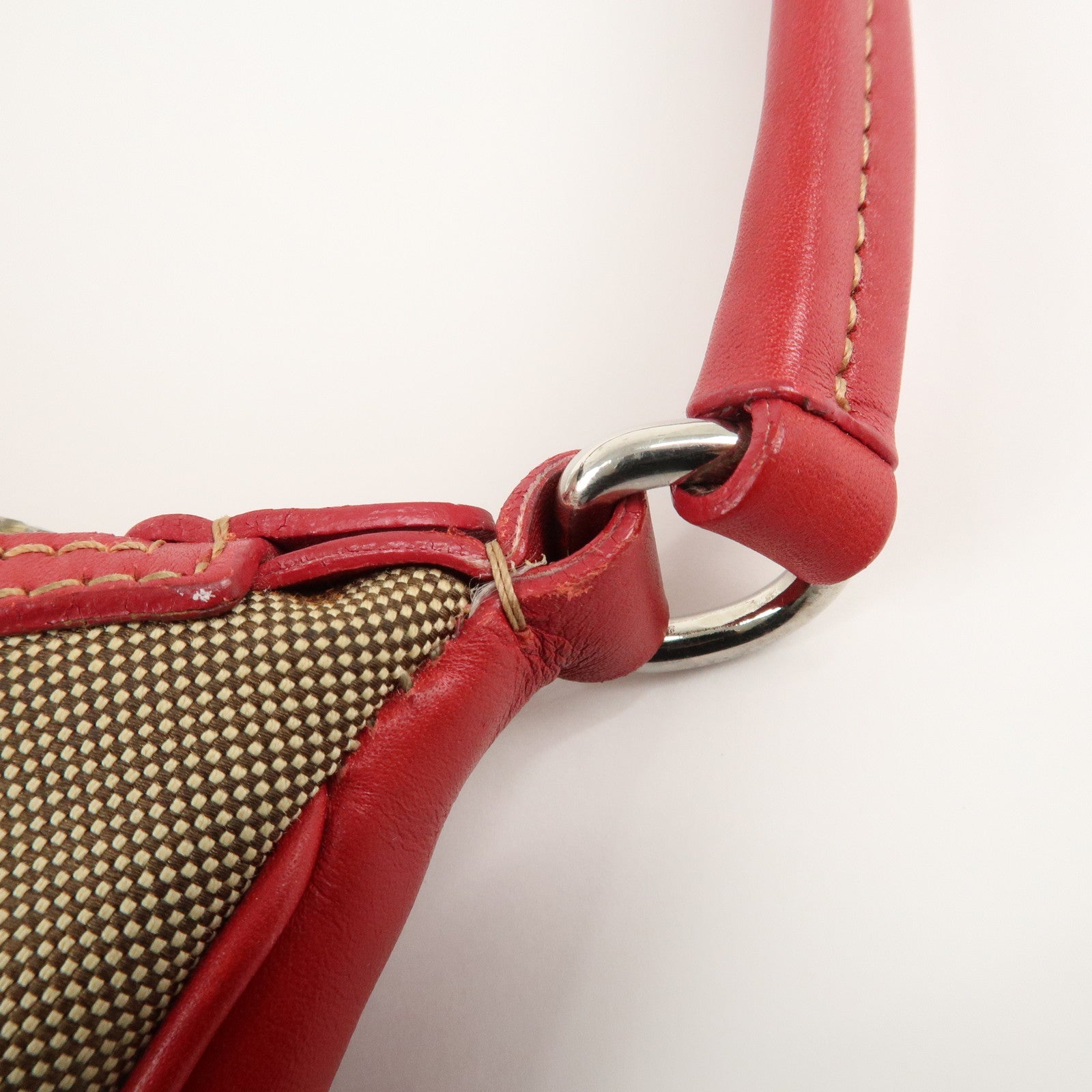 PRADA Logo Jacquard Leather Shoulder Bag Beige Red Used