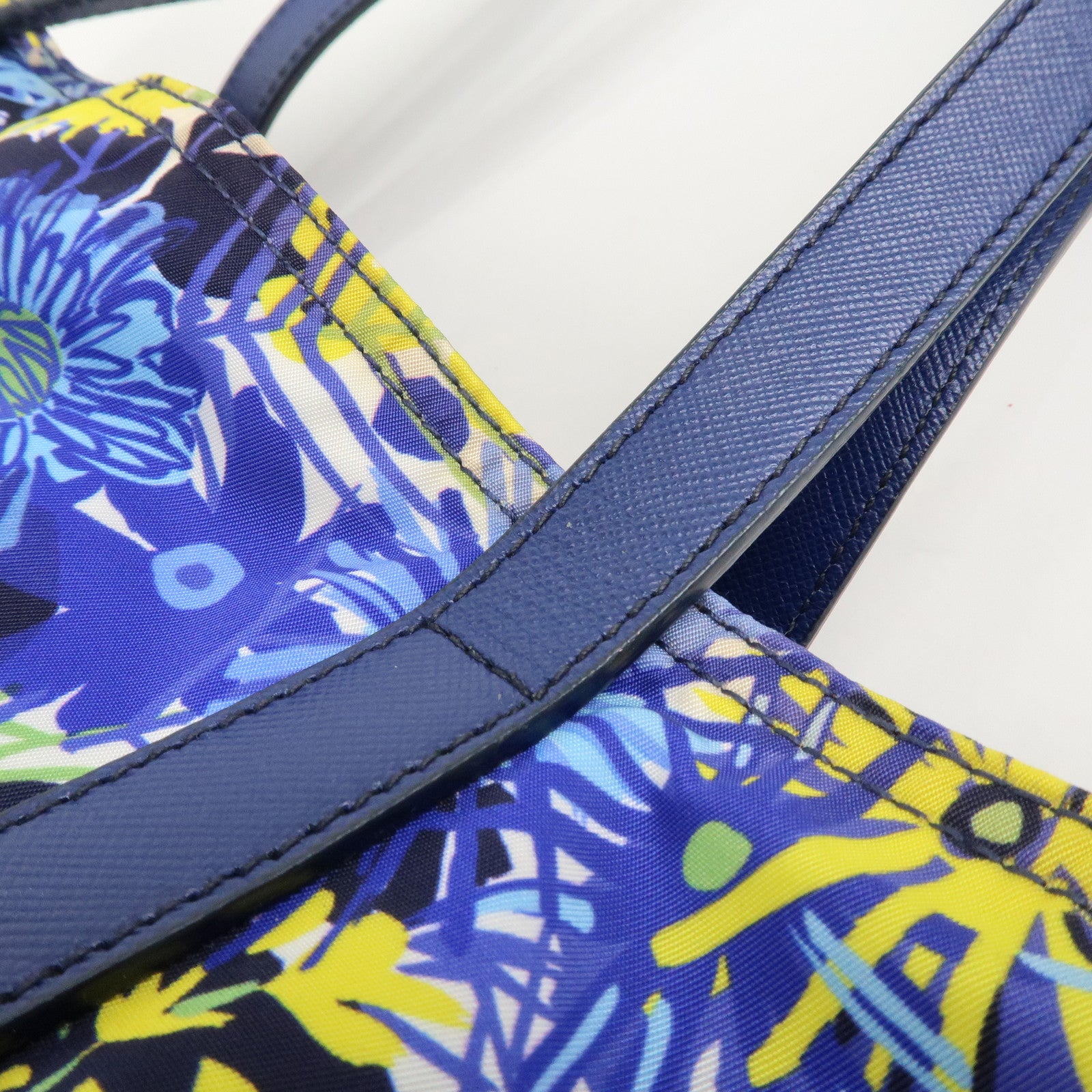 PRADA Logo Nylon Leather Tote Bag Floral Print Blue BN2851 Used