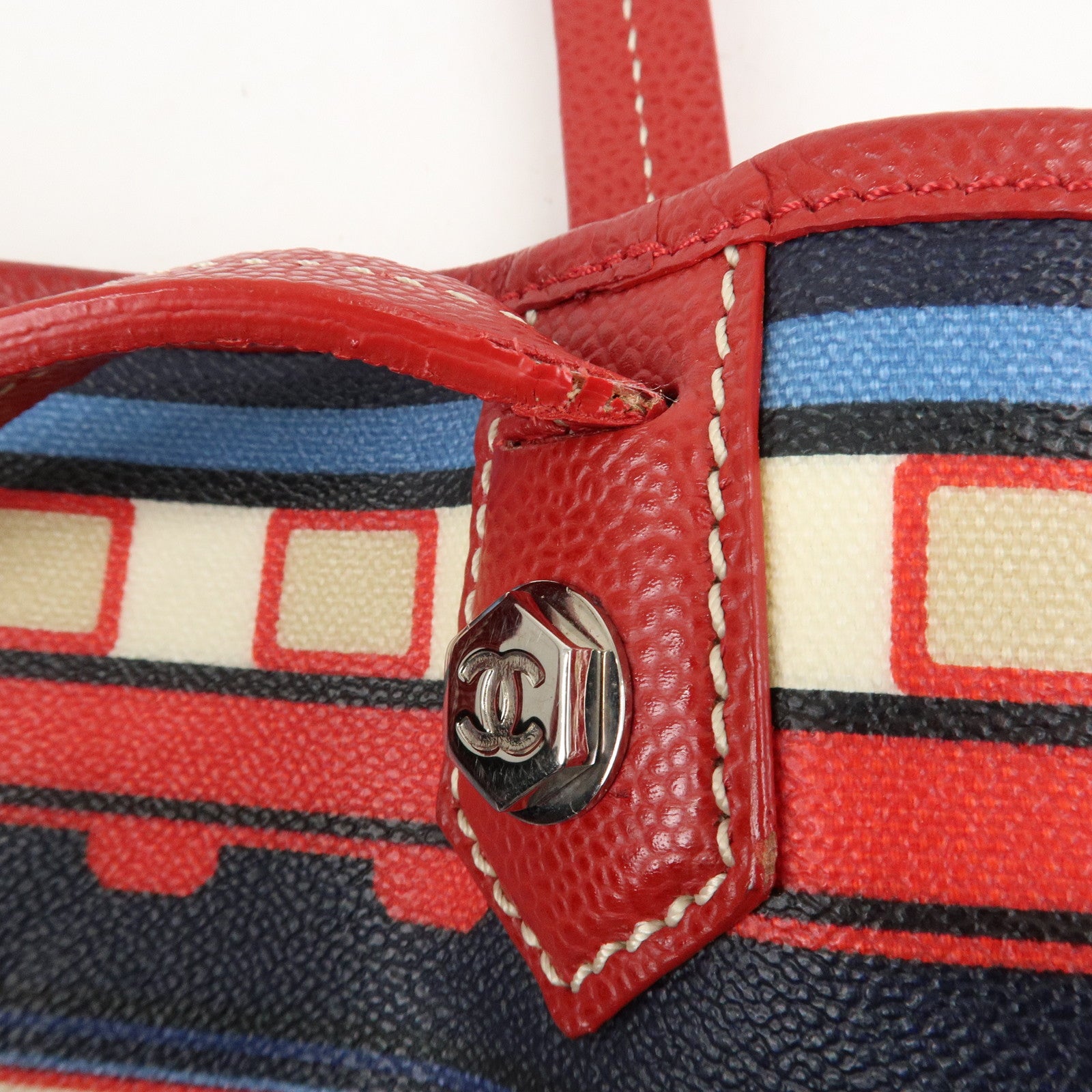 CHANEL PVC Leather Central Station Tote Bag Navy Red Used
