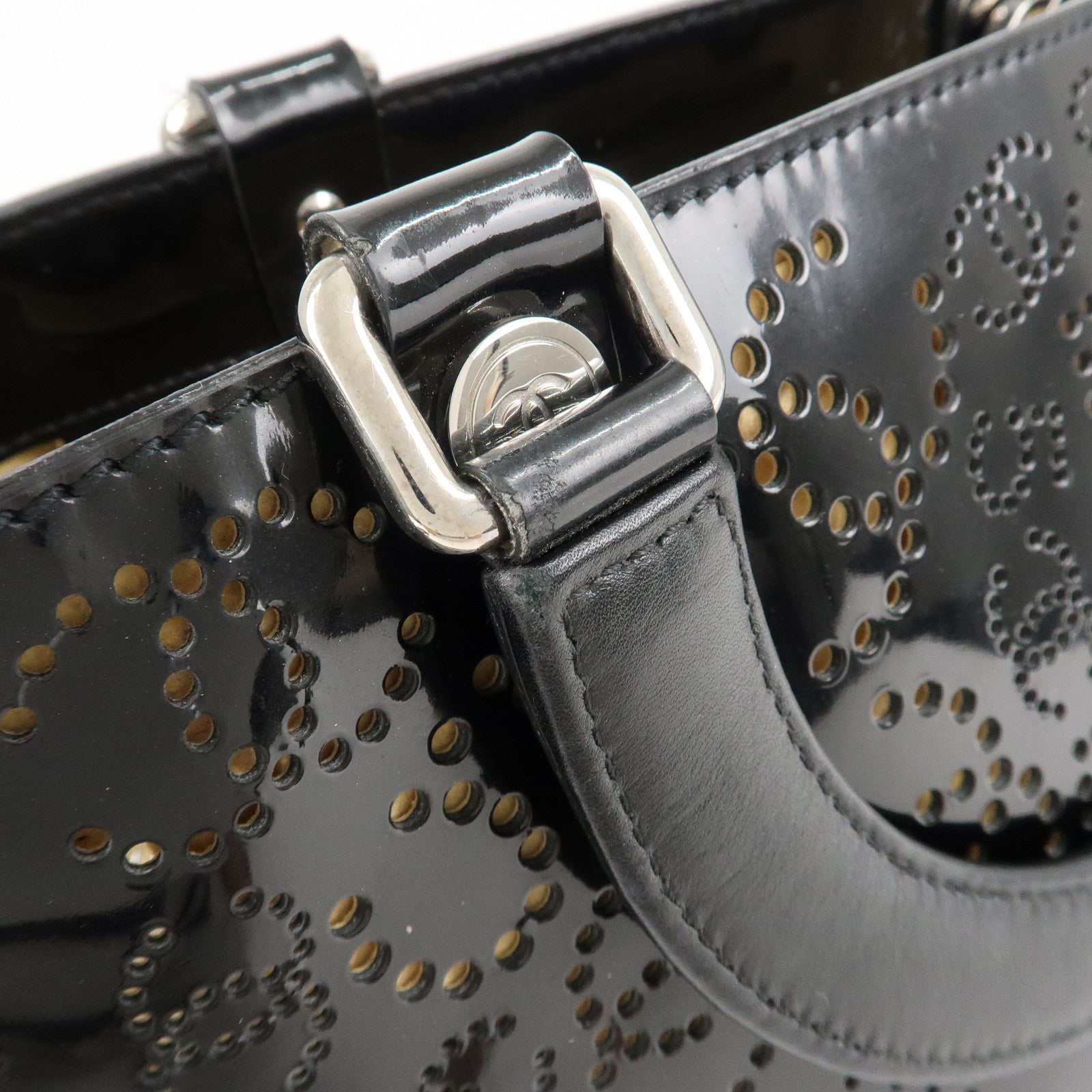 CHANEL COCO Mark No.5 Patent Leather Punching Hand Bag Black Used