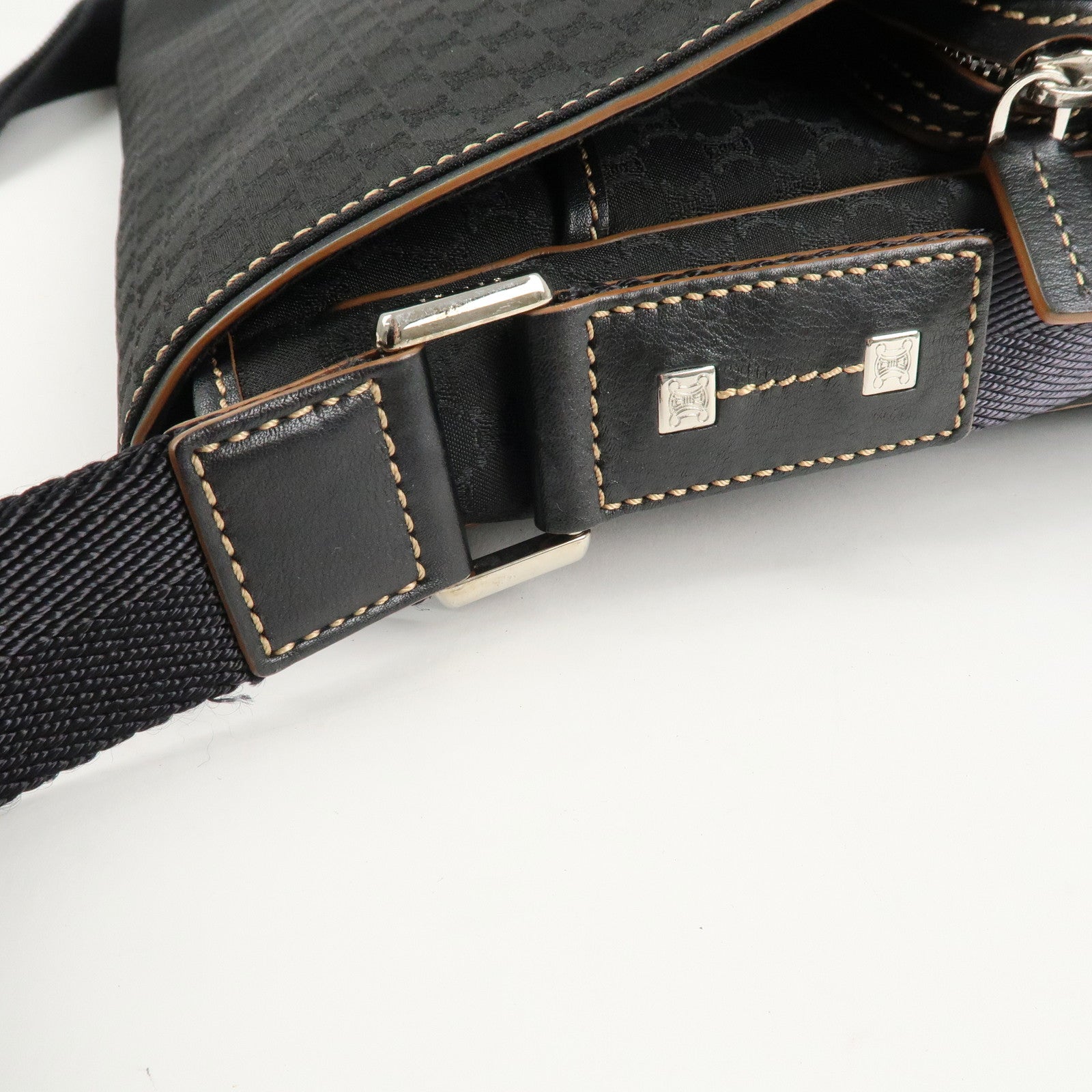 CELINE Macadam Canvas Leather Shoulder Bag Black Used