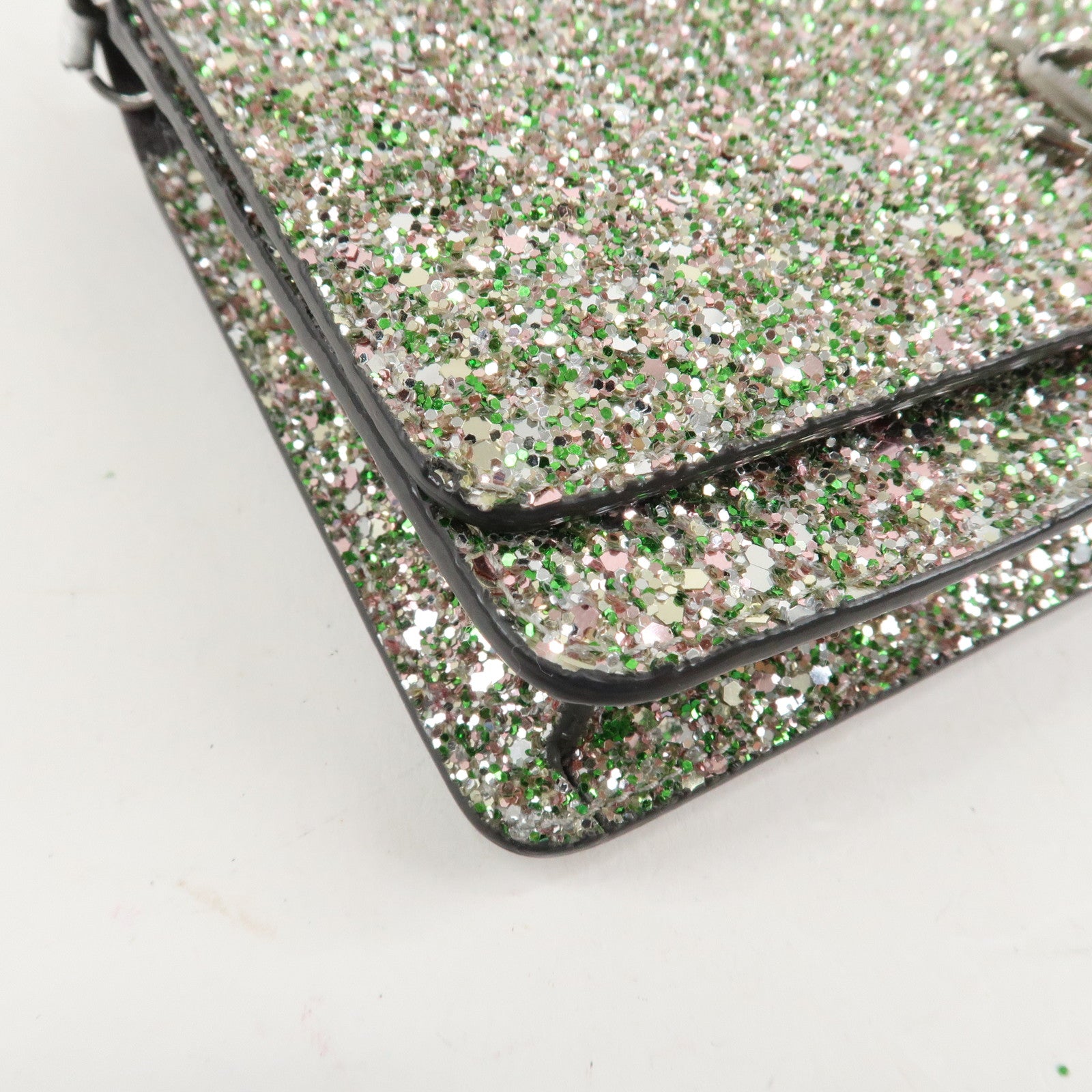 JIMMY CHOO Glitter Leather Shoulder Wallet Bag Green Silver Used