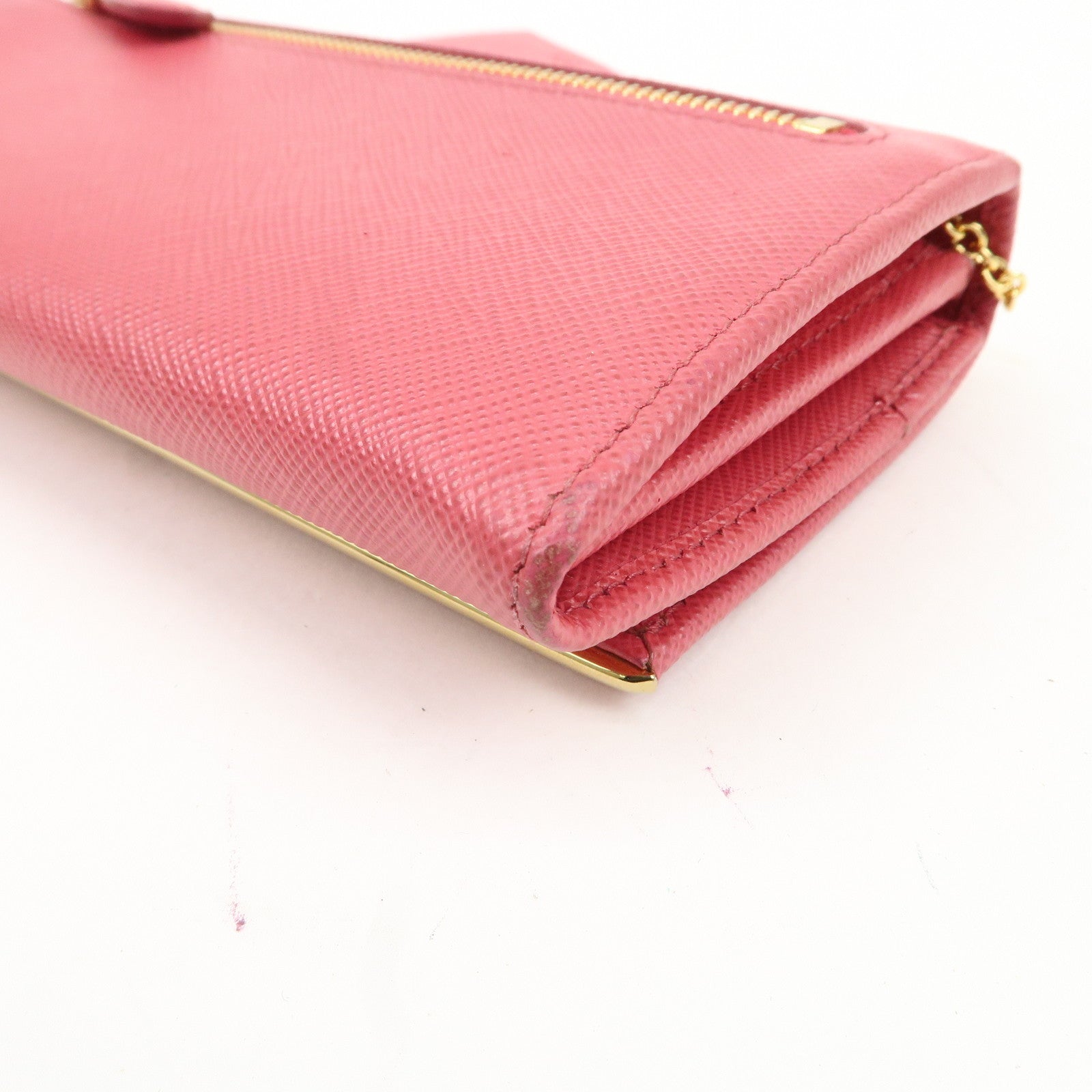 PRADA Saffiano Leather Bi Fold Long Wallet Pink 1MH132 Used