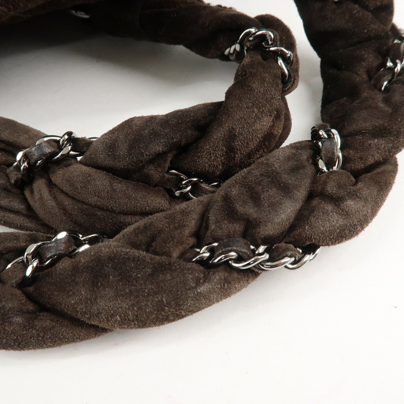 CHANEL Matelasse Suede Boston Bag Brown Silver Hardware Used