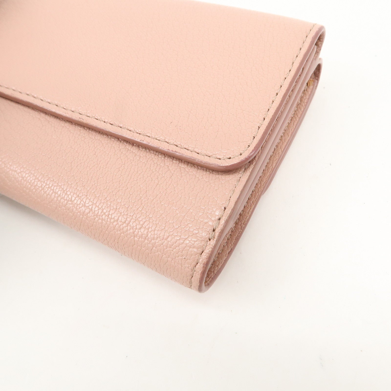 MIU MIU Leather Double Hook Bi-fold Wallet Pink Gold Hardware Used