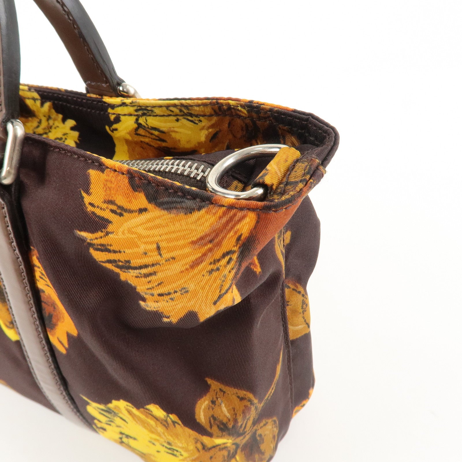 PRADA Triangle Logo 2Way Hand Bag Shoulder Bag Brown Yellow BN1052 Used