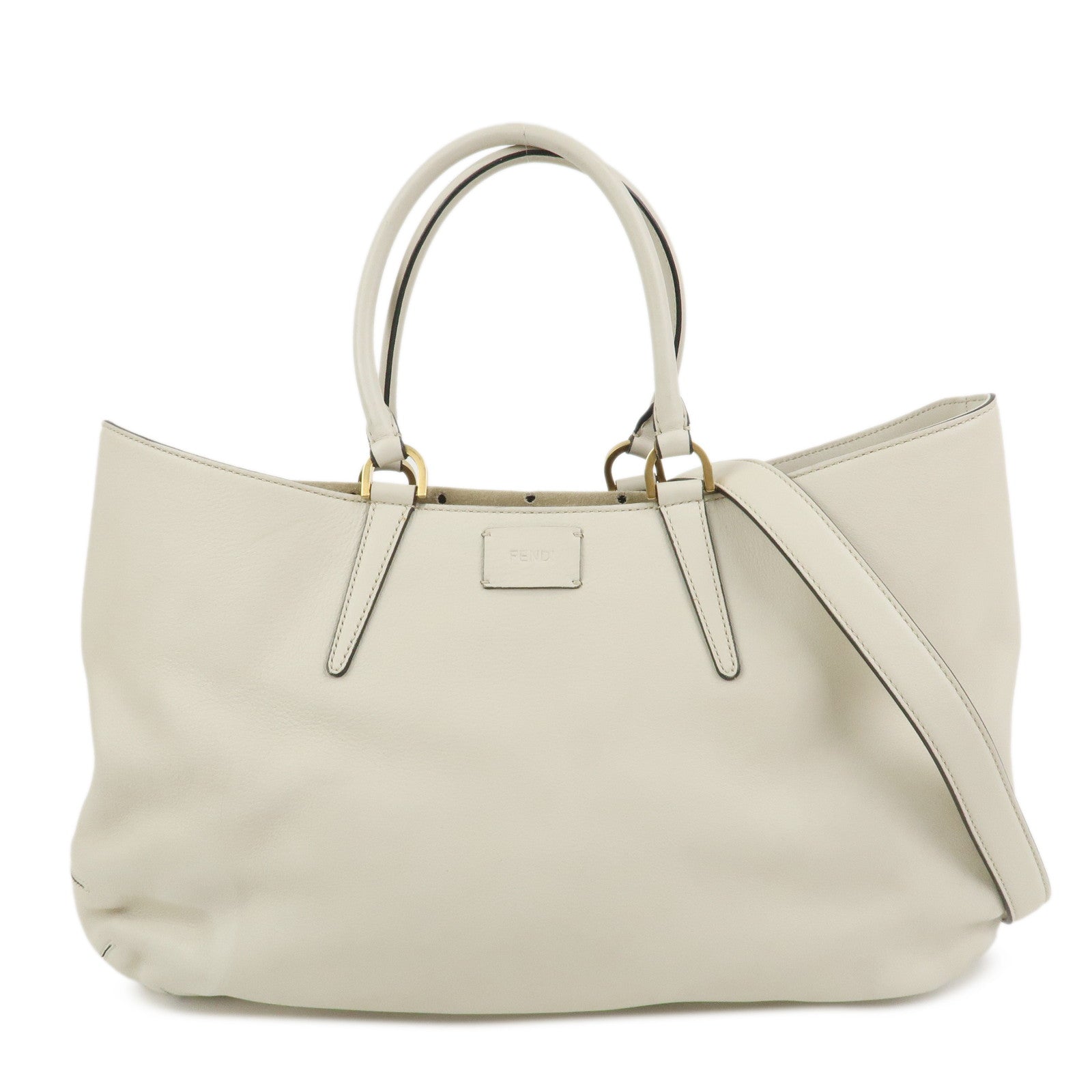 FENDI Logo Leather 2Way Bag Hand Bag Shoulder Bag Ivory 8BN238