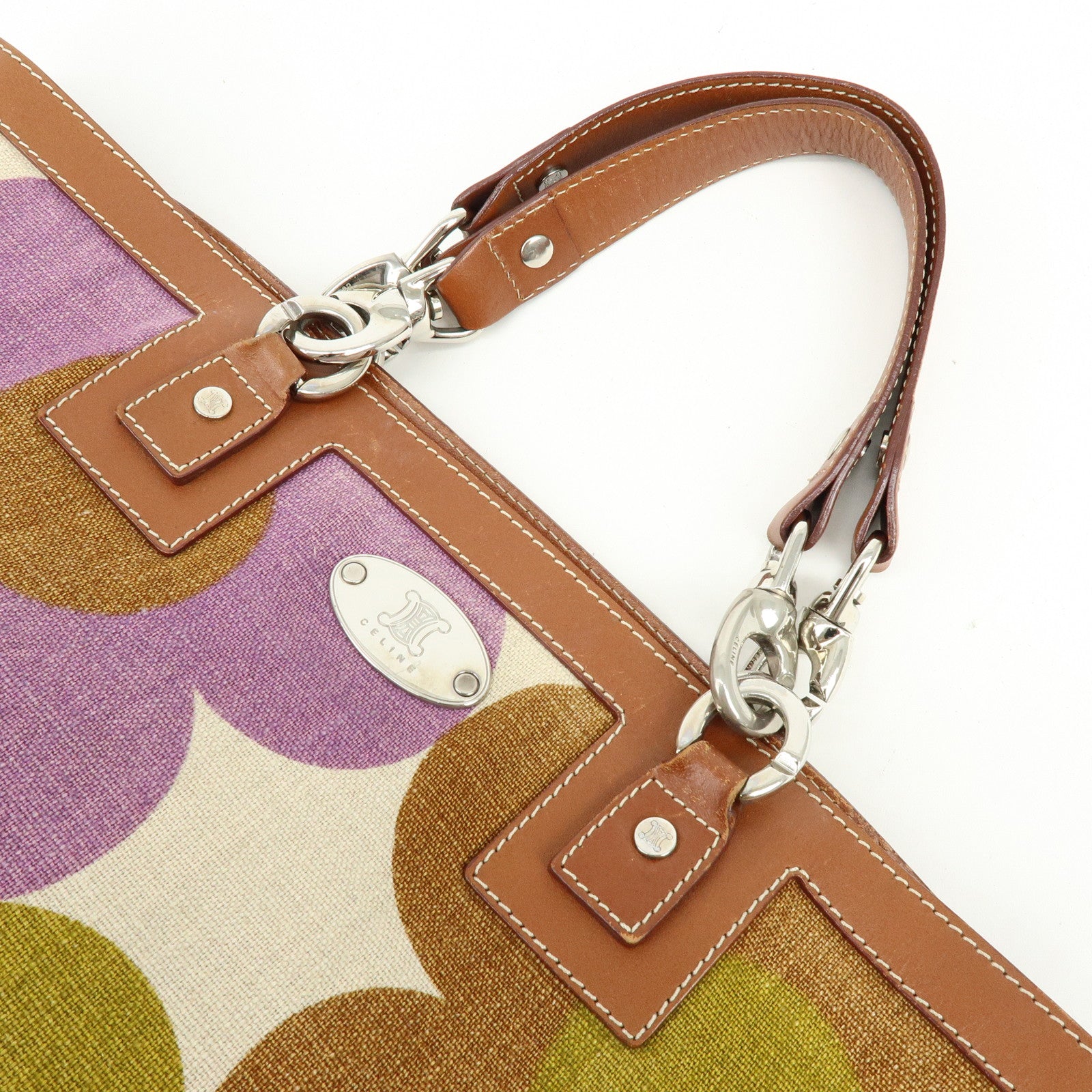 CELINE Flower Canvas Leather Tote Bag Shoulder Bag Brown Natural