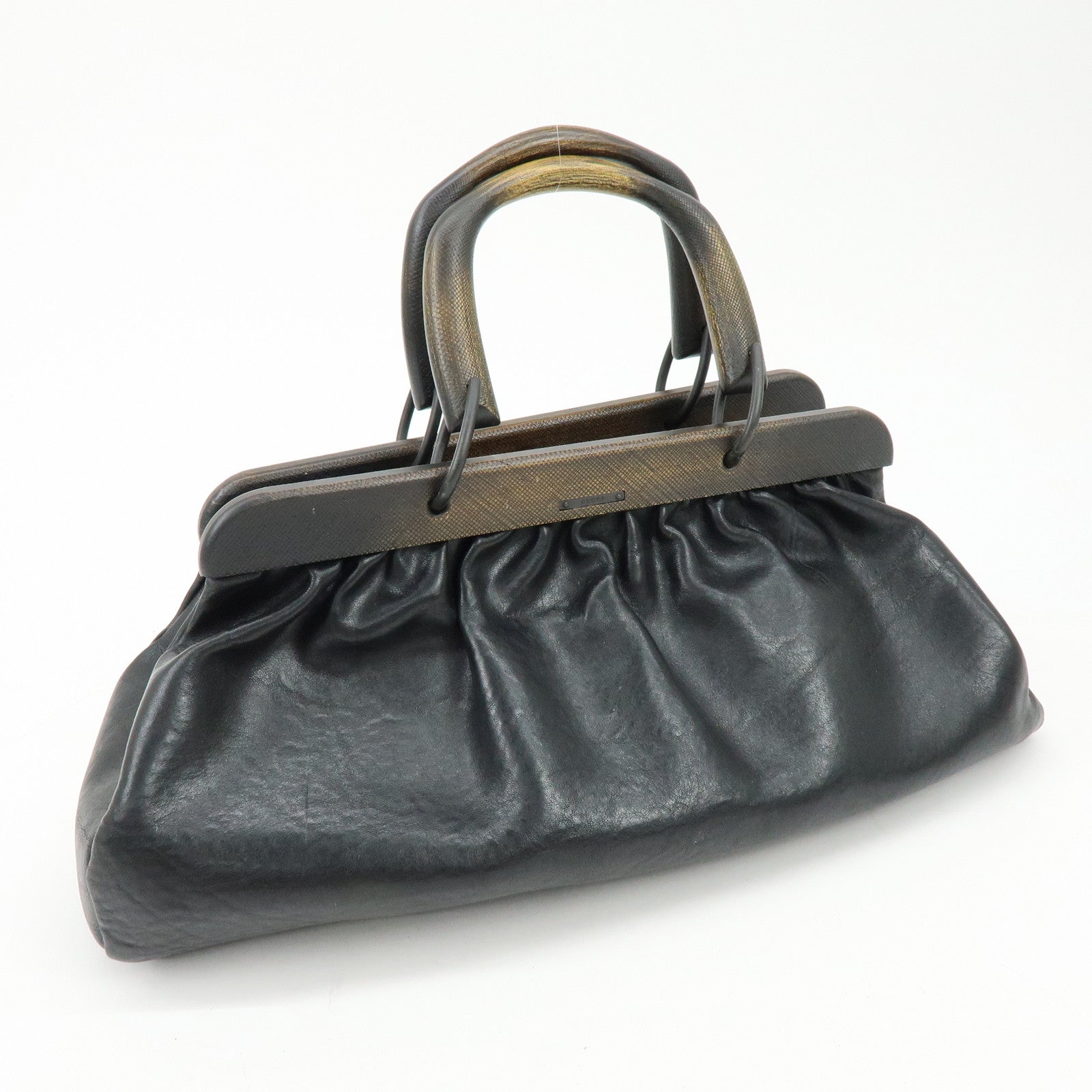 GUCCI Leather Wood Hand Bag Doctor Bag Black 105377