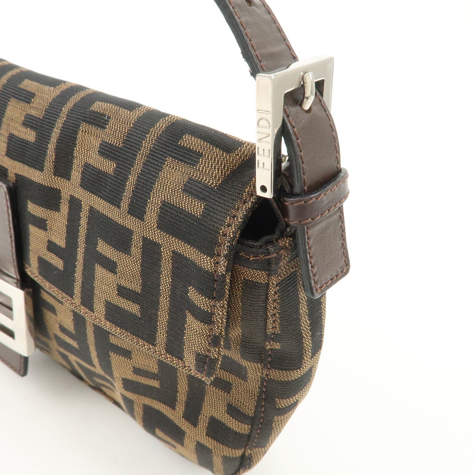 FENDI Mamma Baguette Zucca Canvas Leather Shoulder Bag Hand Bag Black Brown 26424