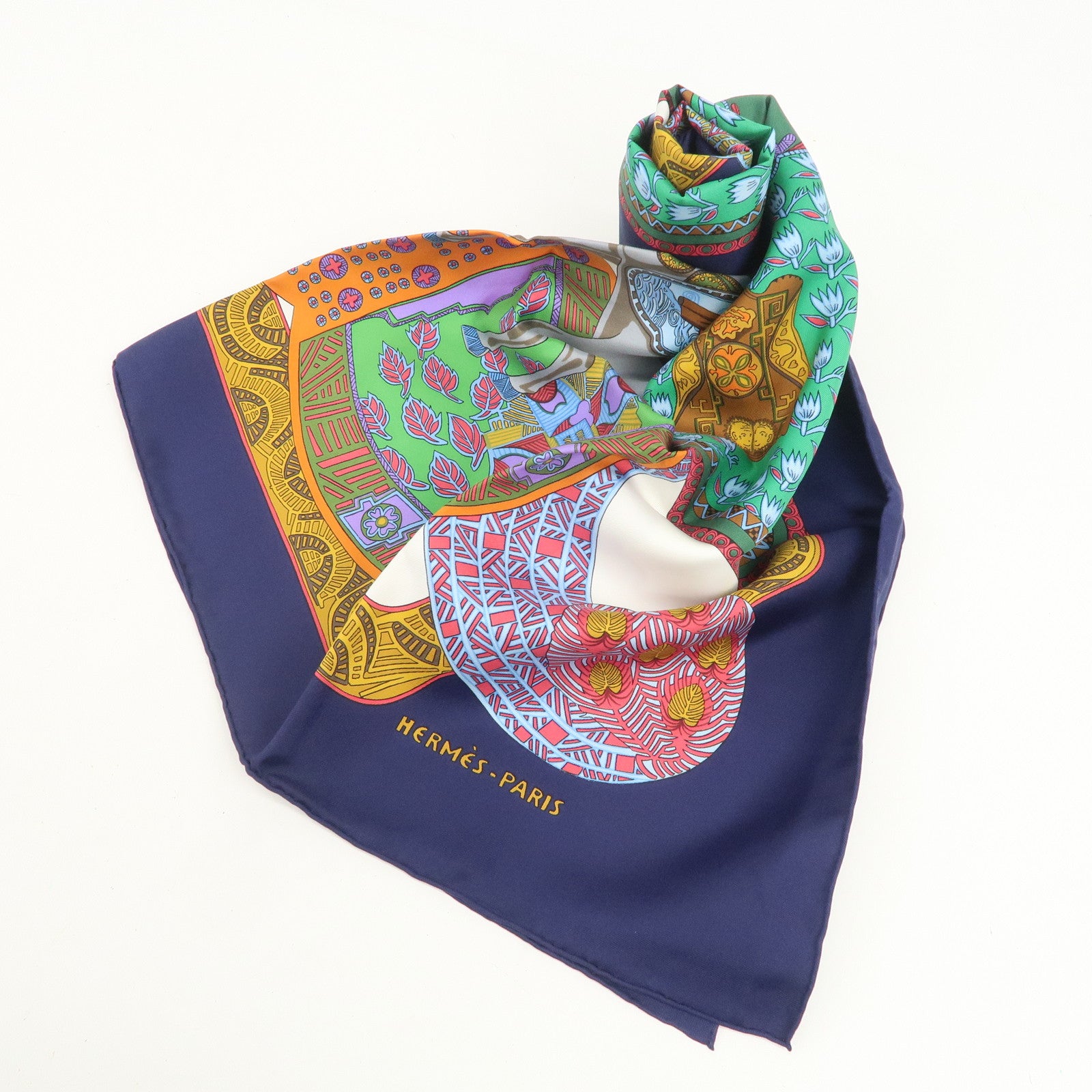 HERMES HERMES Carre 90 Silk 100% Scarf ART des STEPPES Navy