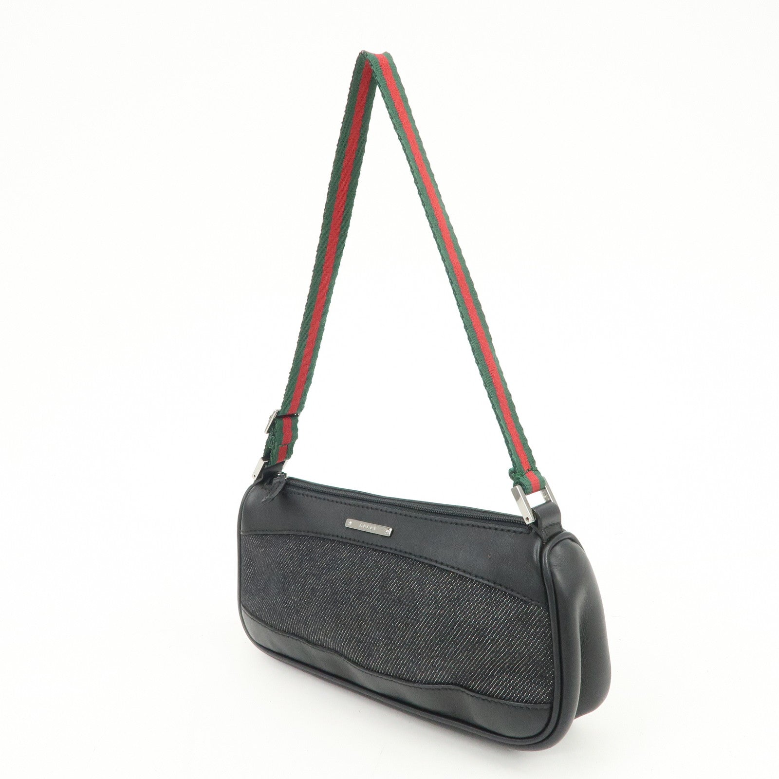 GUCCI Sherry Leather Denim Accessory Pouch Hand Bag Black 92820