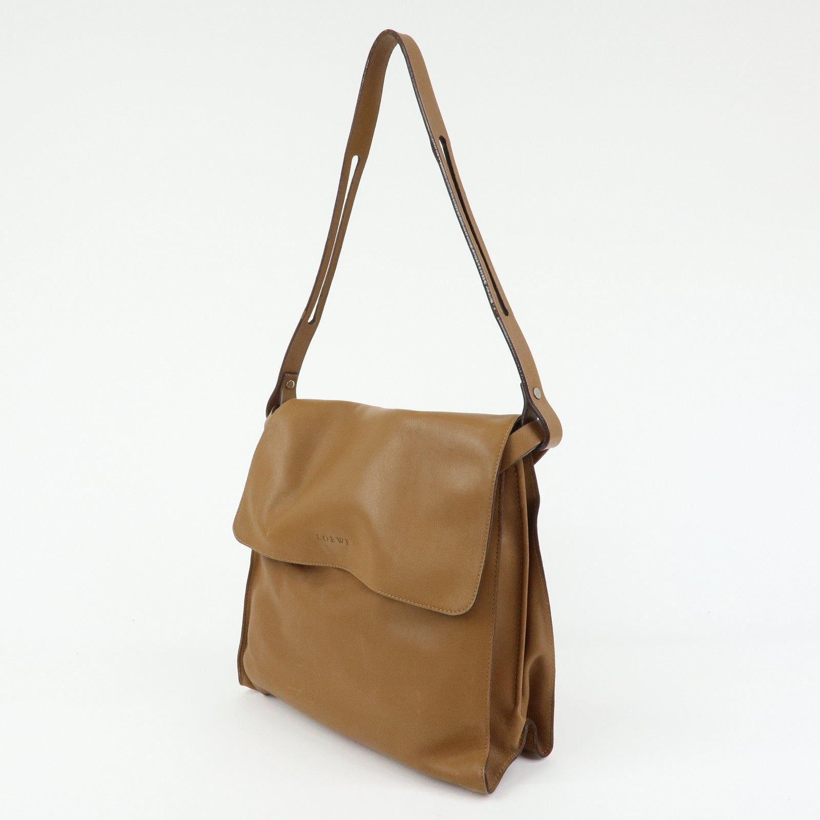 LOEWE Logo Leather Flap Shoulder Bag Pouch Brown
