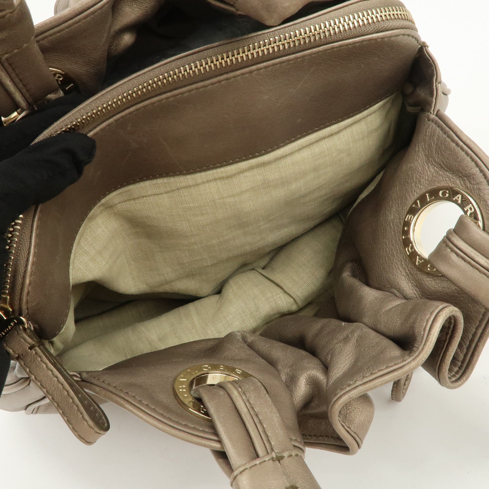 BVLGARI Logo Leather Hand Bag Shoulder Bag Bronze