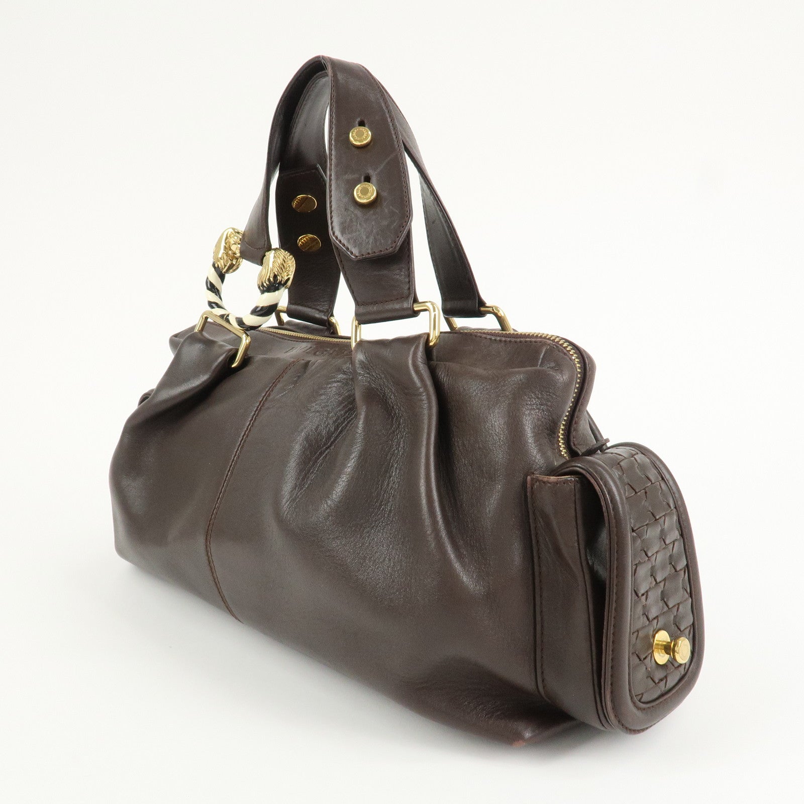 BVLGARI Leoni Leather Hand Bag Boston Bag Brown Gold Hardware Used