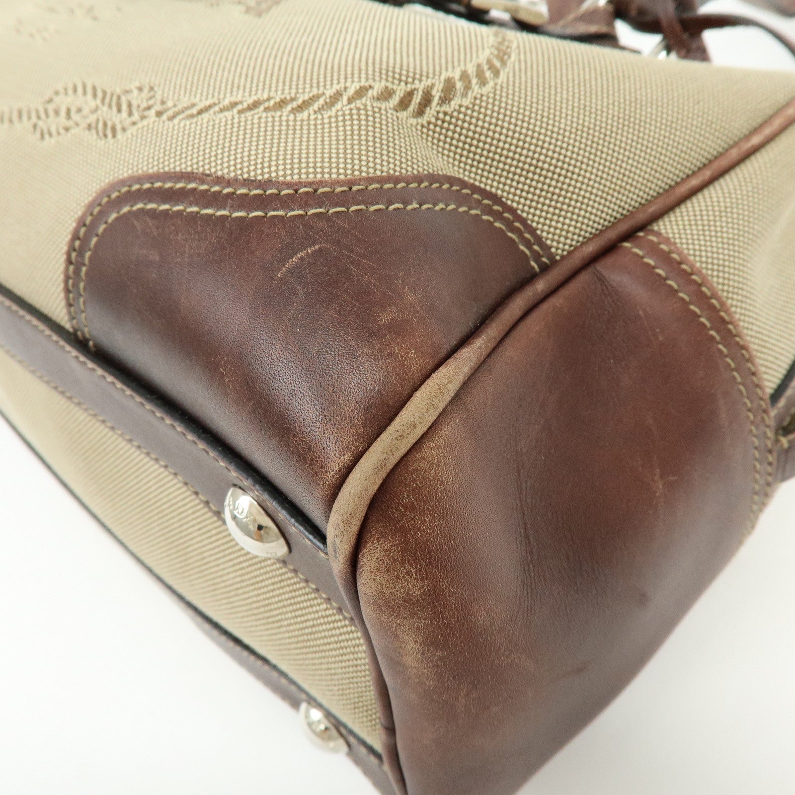 PRADA Leather Logo Jacquard Tote Bag Hand Bag Beige Brown