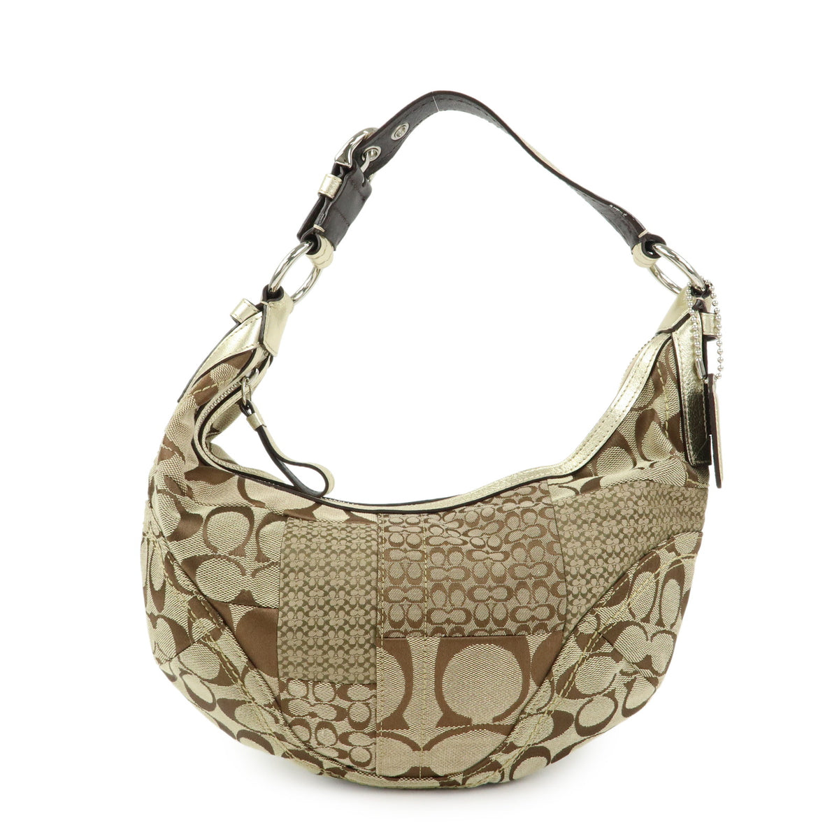 COACH Signature Patchwork Canvas Leather Shoulder Bag Beige Gold