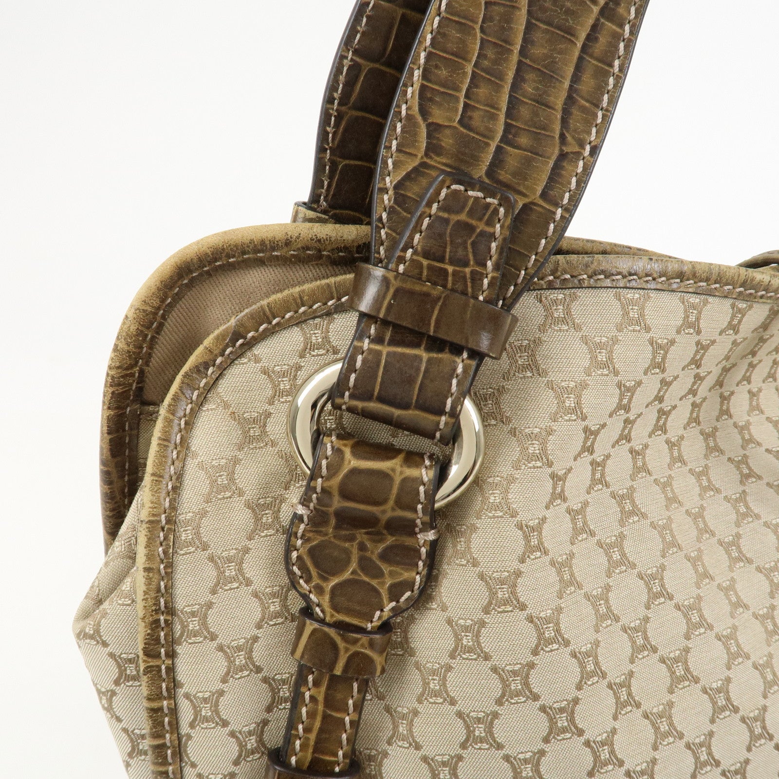 CELINE Macadam Logo Canvas Emboss Leather Shoulder Bag Beige Brown