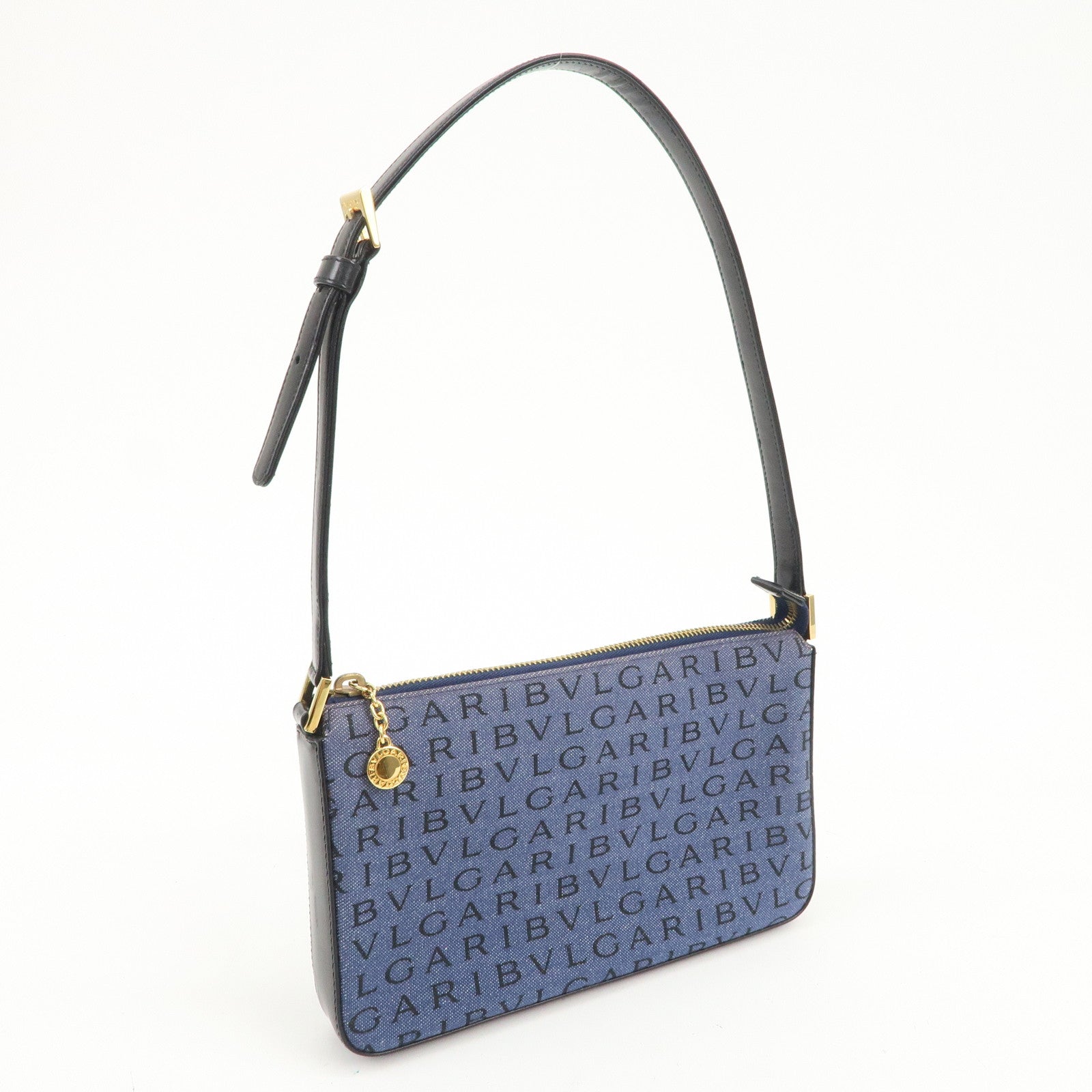 BVLGARI Logo Mania Canvas Leather Shoulder Bag Hand Bag Denim Black