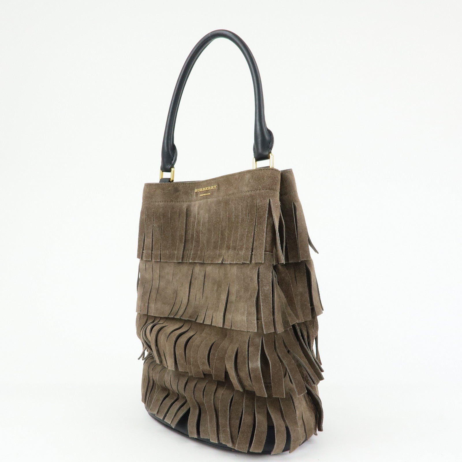 BURBERRY PROSUM Fringe Suede Leather Tote Bag Hand Bag Brown Black
