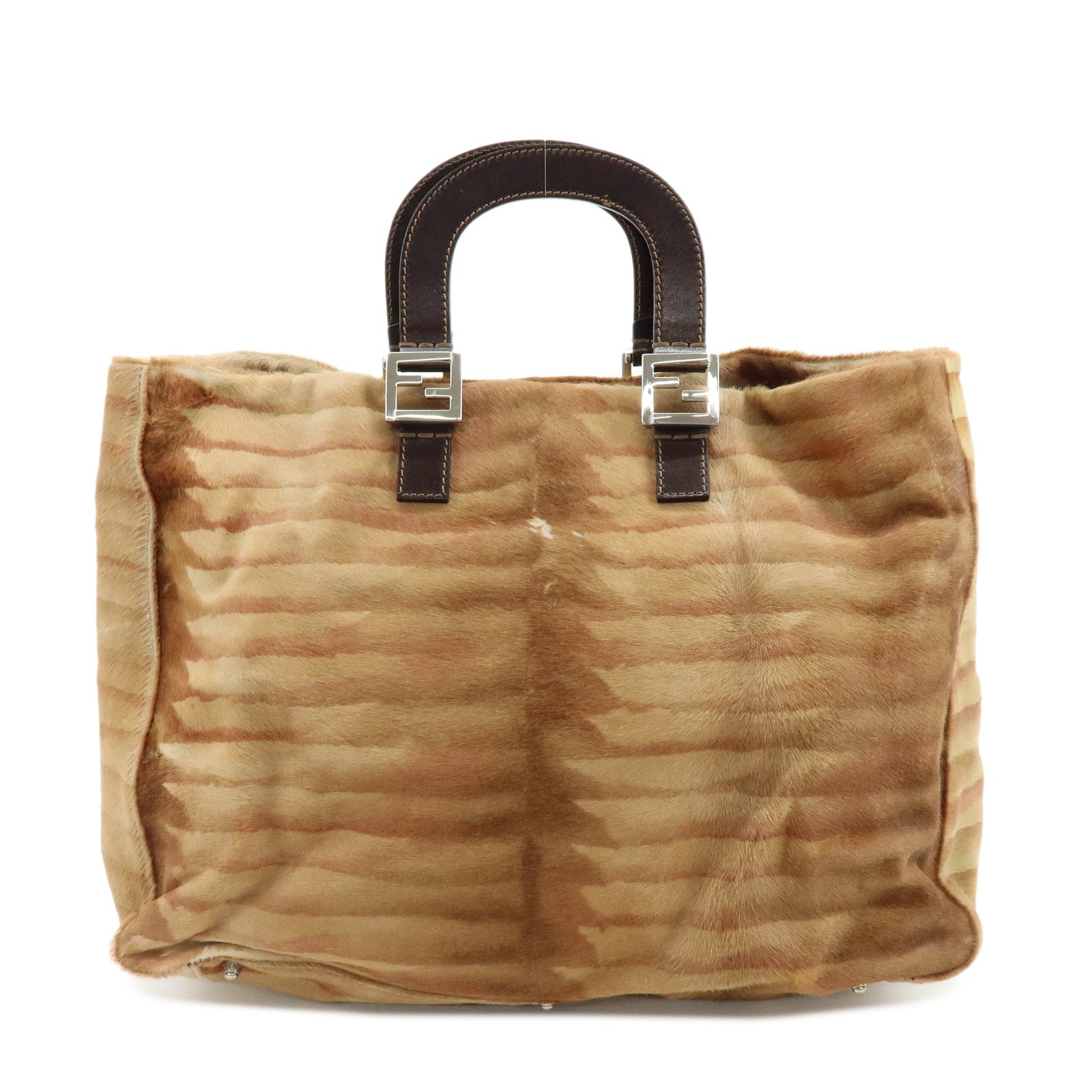 FENDI Calf Hair Leather Animal Pattern Tote Bag Hand Bag Brown