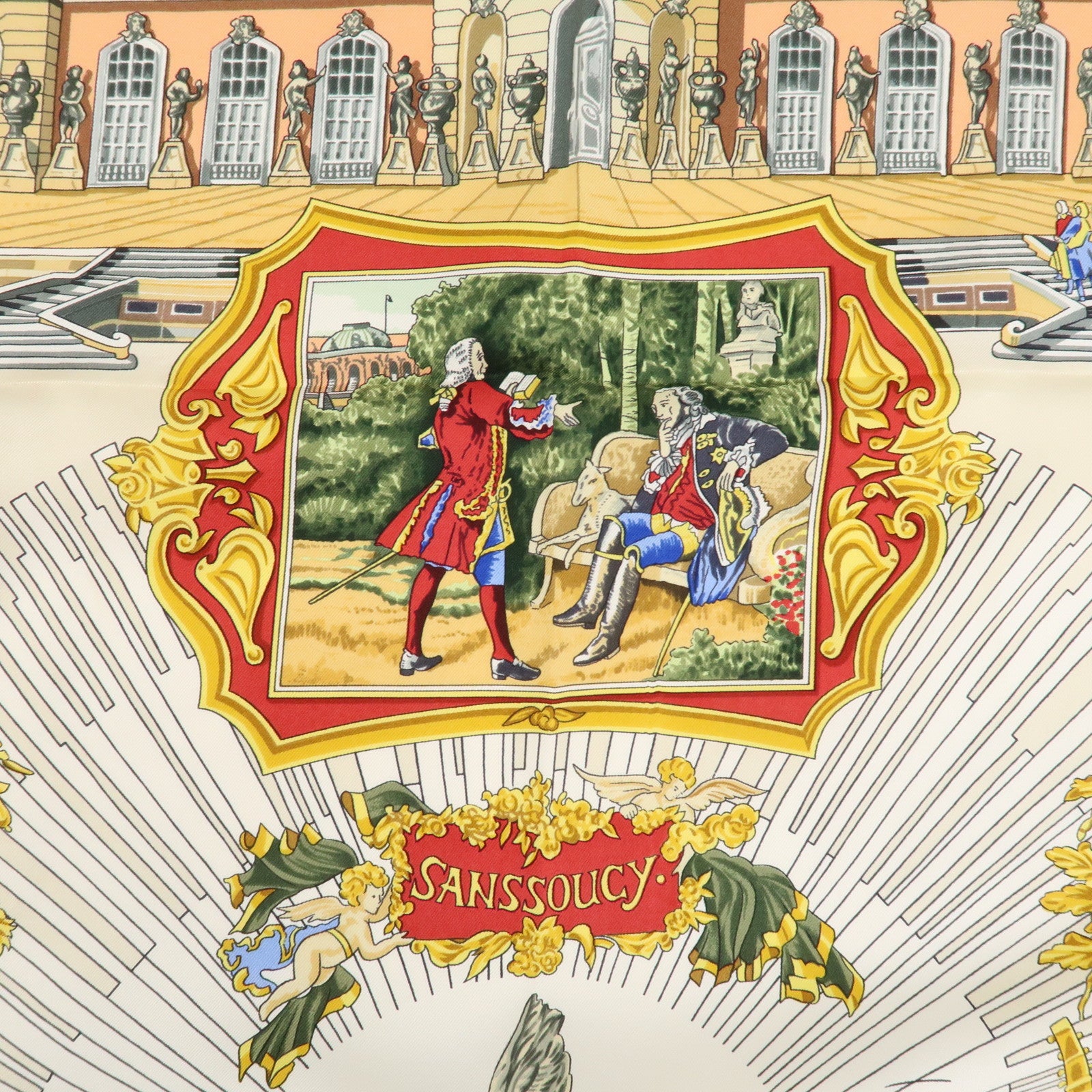 HERMES Carre 90 Silk 100% Scarf SANSSOUCY Gold Back Ivory Used