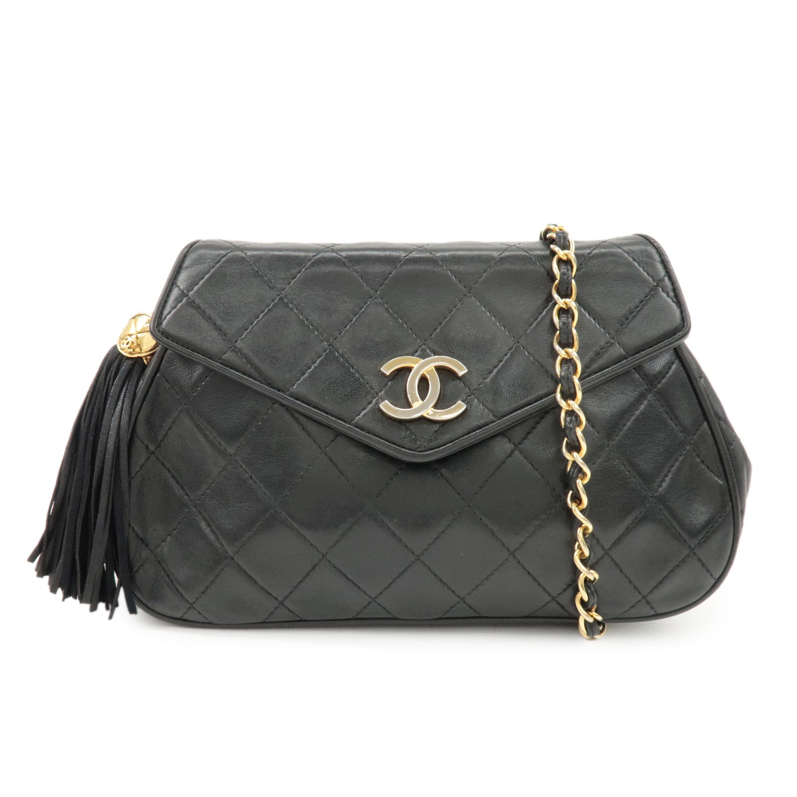 CHANEL COCO Mark Matelasse Lamb Skin Chain Shoulder Bag Black Used